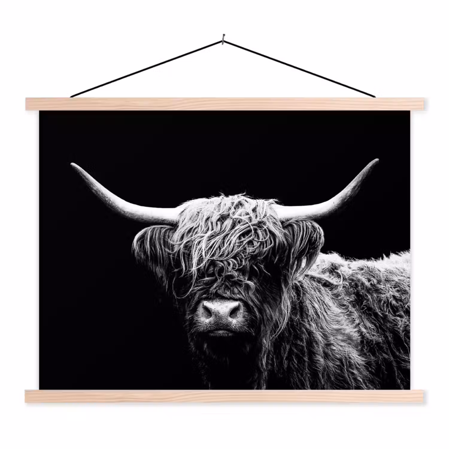 Schotse Hooglander - Koe - Zwart - Wit - Dieren textielposter latten blank klein -3d