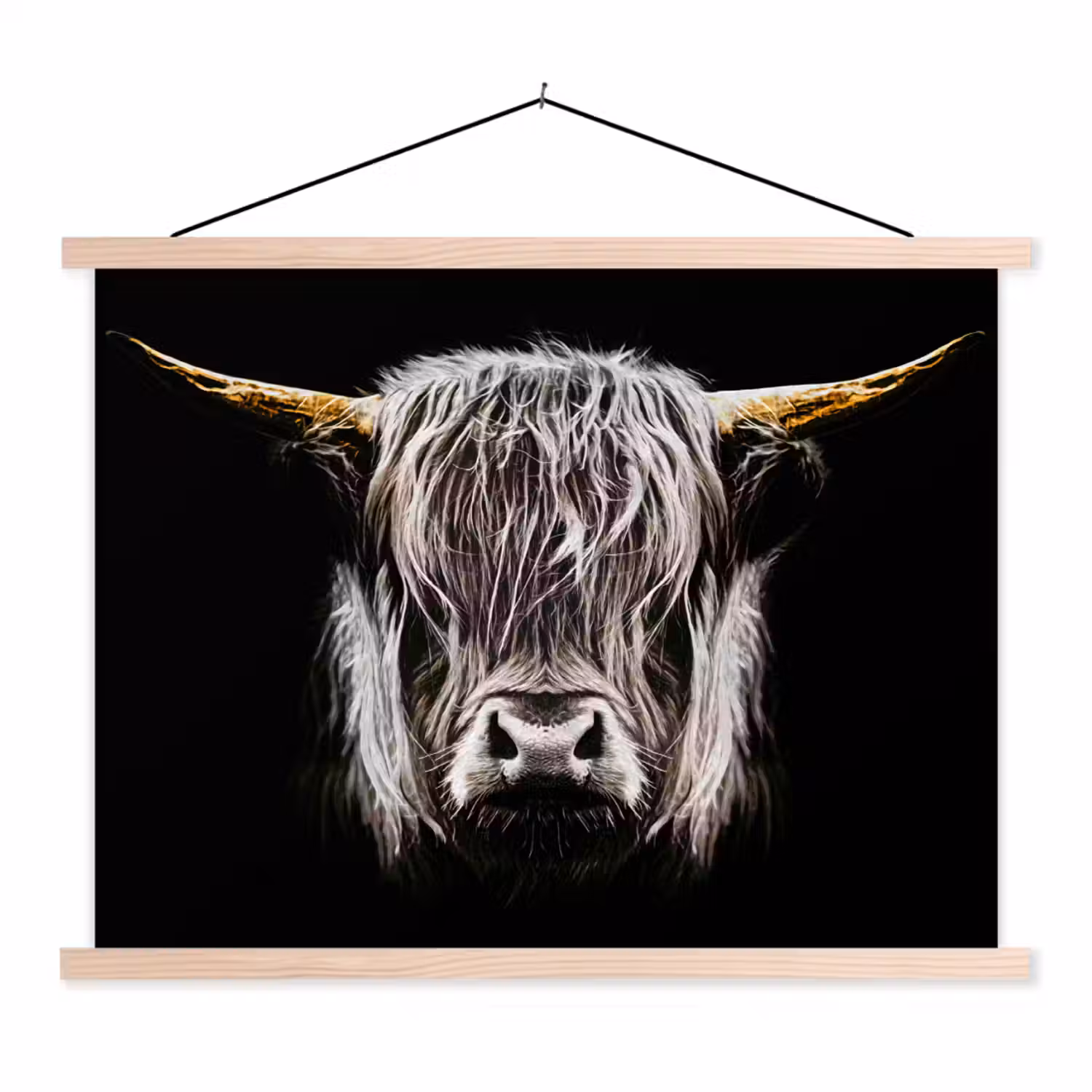 Schotse hooglander - Goud - Hoorns - Zwart wit - Koe - Dieren textielposter latten blank klein -3d