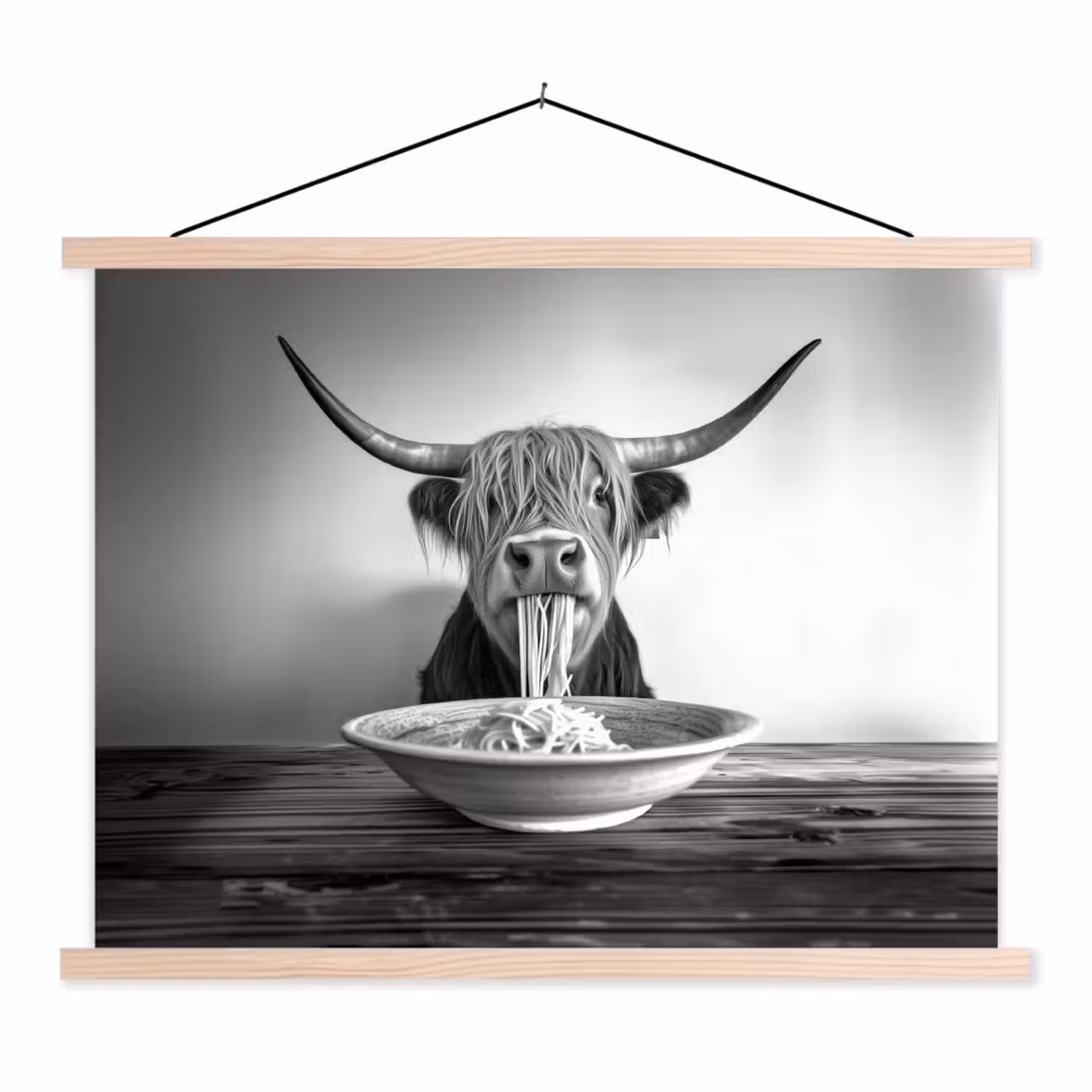 Schotse Hooglander - Spaghetti - Dieren - Zwart wit textielposter latten blank klein -3d