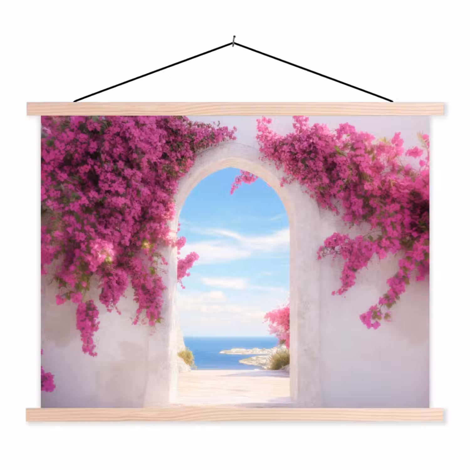 Zee - Roze - Bloemen - Poort textielposter latten blank klein -3d