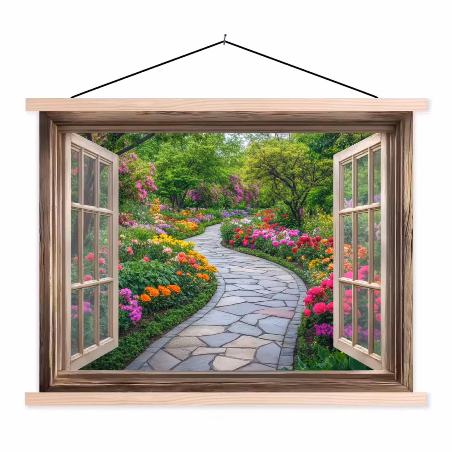 Doorkijk - Bloemen - Tuinpad - Natuur - Raam textielposter latten blank klein -3d