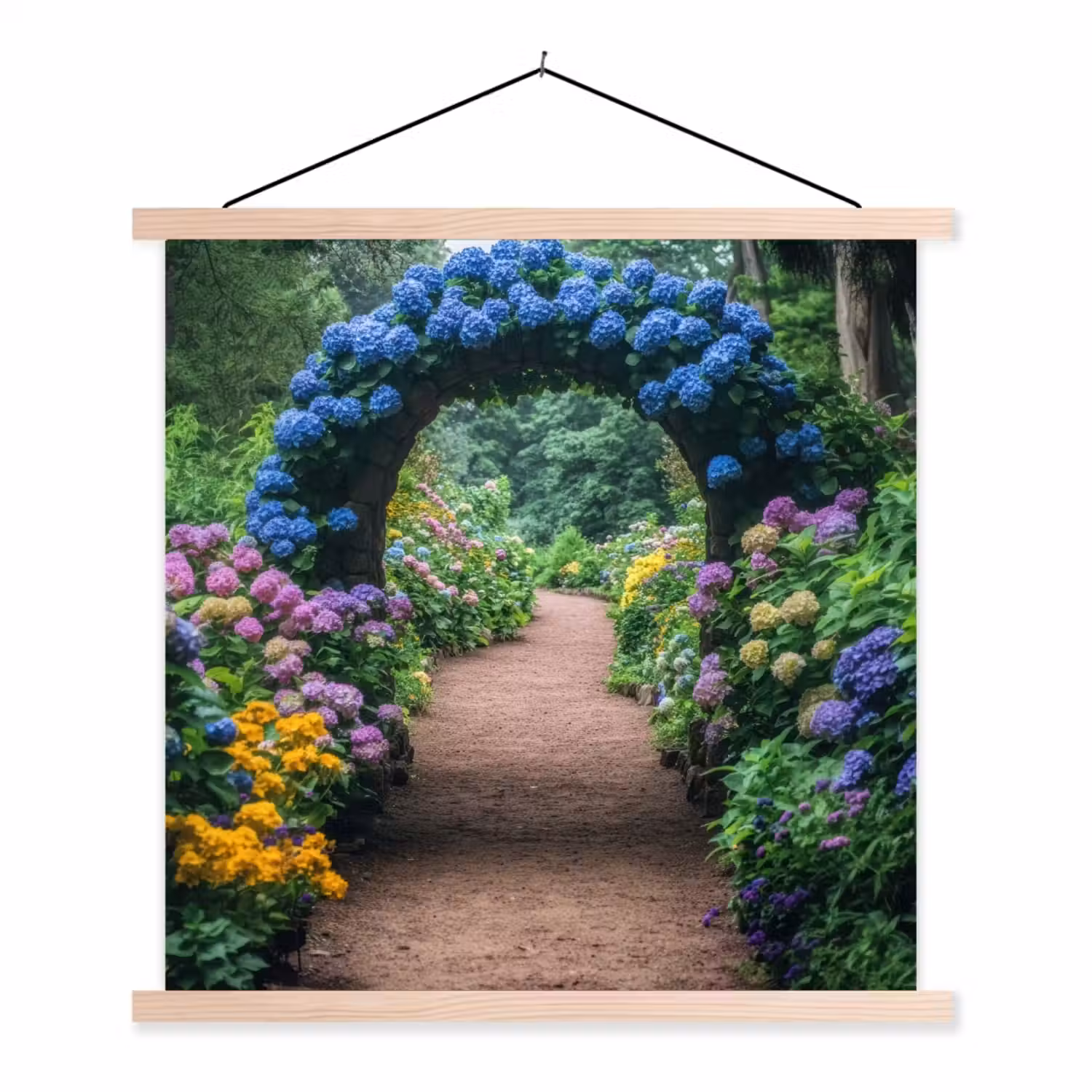 Doorkijk - Bloemen - Hortensia - Pad textielposter latten blank klein -3d