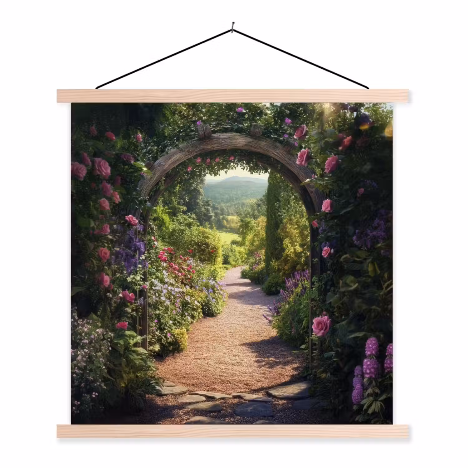 Doorkijk - Bloemen - Natuur - Rozenboog textielposter latten blank klein -3d