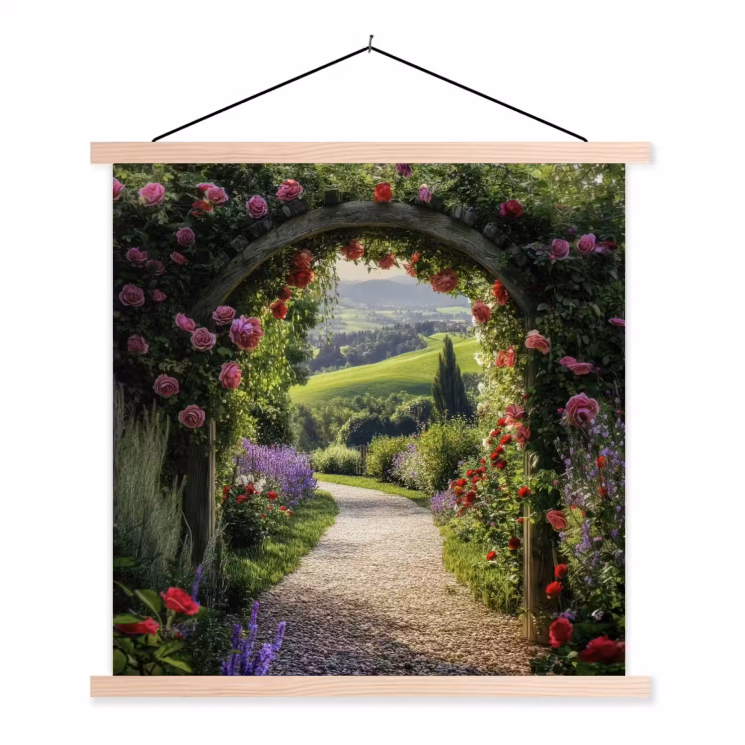 Doorkijk - Tuinboog - Bloemen - Natuur - Pad textielposter latten blank klein -3d