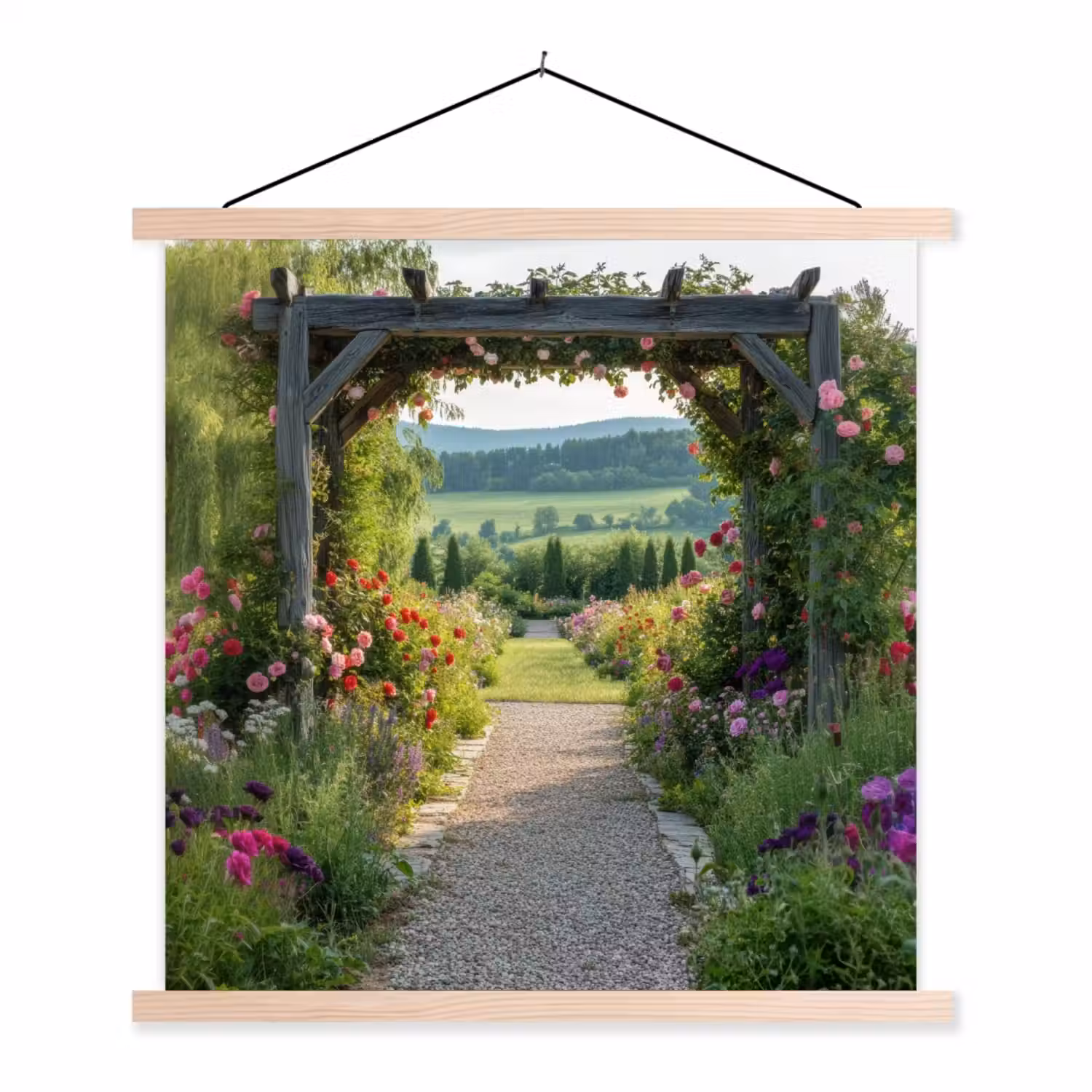 Doorkijk - Landschap - Natuur - Tuinboog - Bloemen textielposter latten blank klein -3d