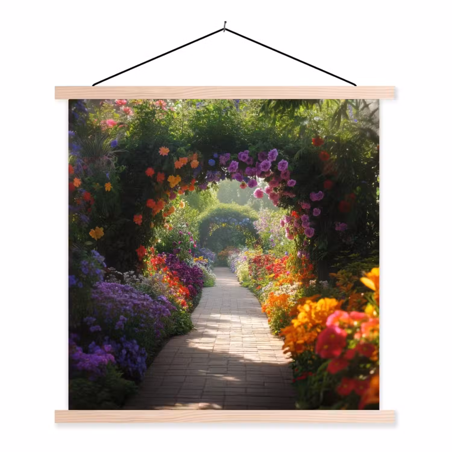 Doorkijk - Pad - Bloemen - Struik - Kleurrijk textielposter latten blank klein -3d