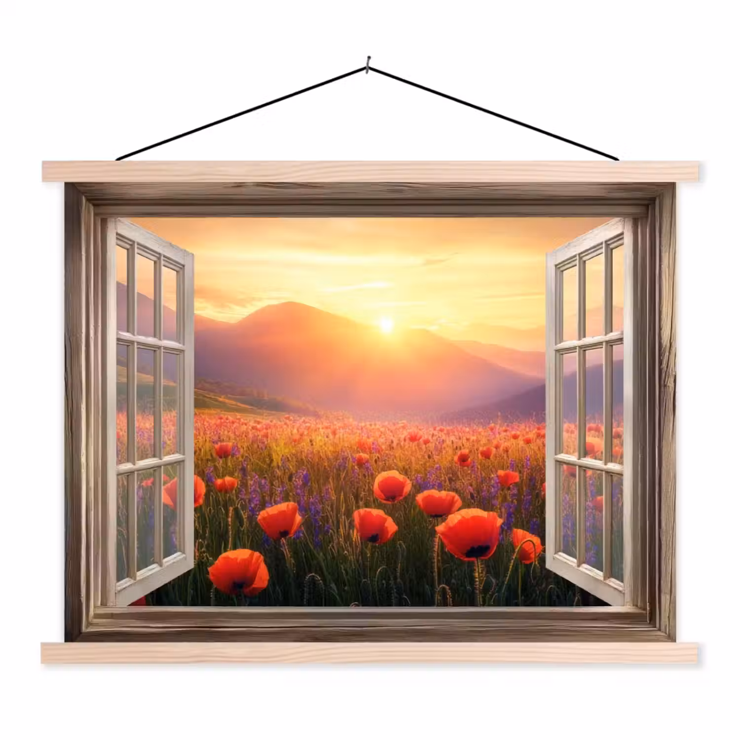 Doorkijk - Klaprozen - Bloemen - Rood - Open raam textielposter latten blank klein -3d