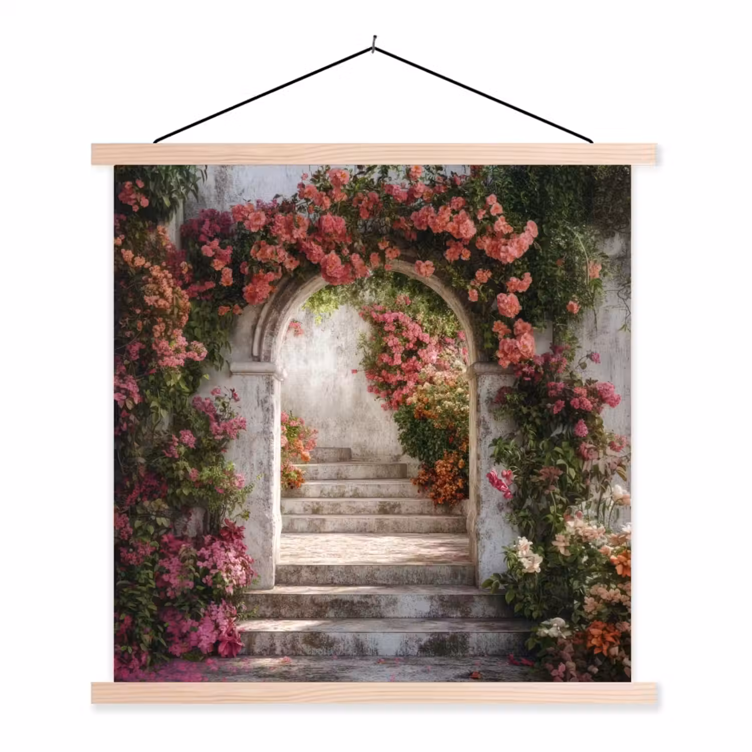 Doorkijk - Rozen - Vintage - Poort textielposter latten blank klein -3d