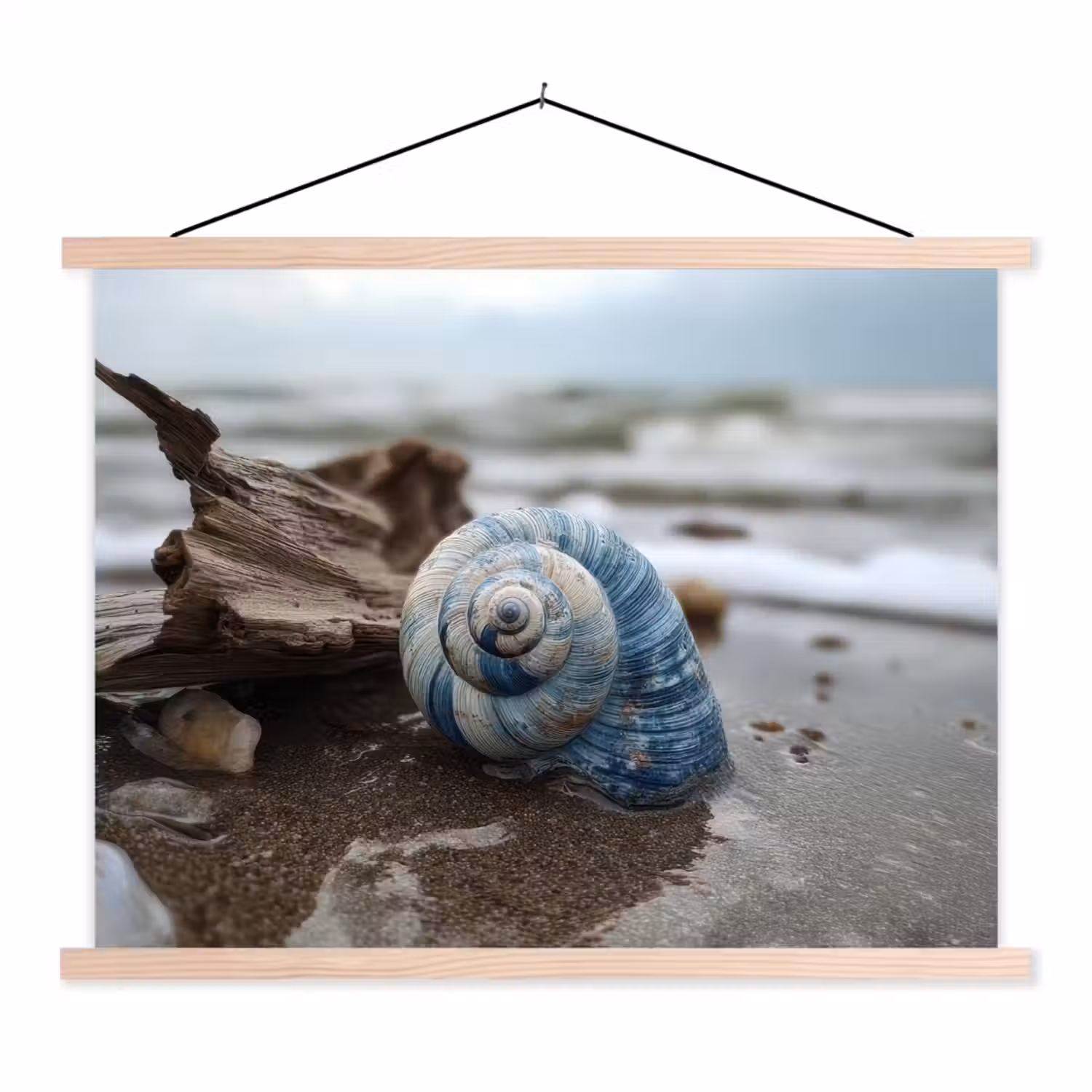 Schelp - Strand - Blauw - Zee textielposter latten blank klein -3d