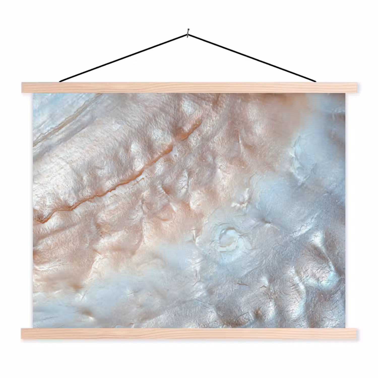 Binnenkant van een schelp uit de natuur bedekt met parelmoer textielposter latten blank klein -3d