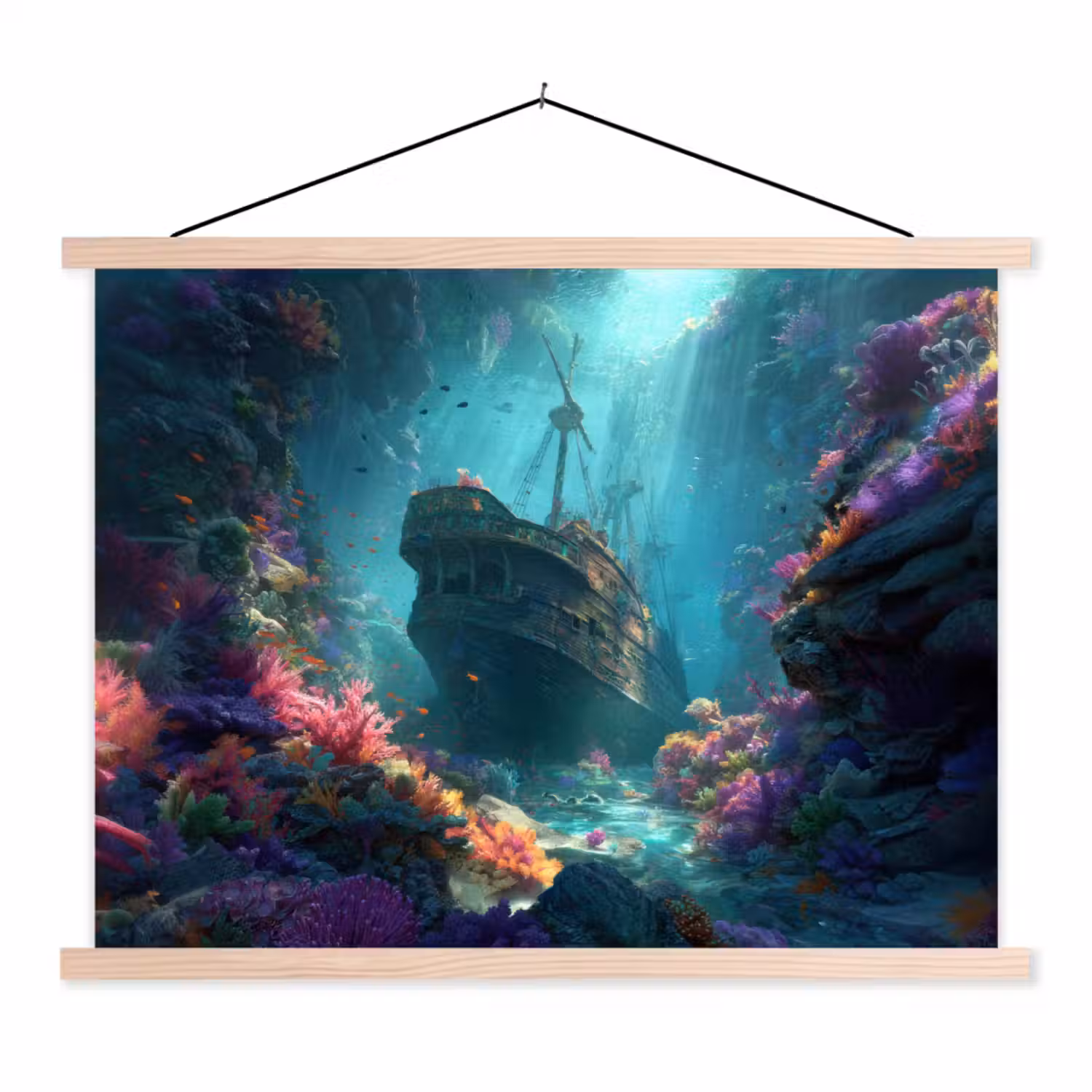 Schip - Hout - Koraalriffen - Zonlicht textielposter latten blank klein -3d