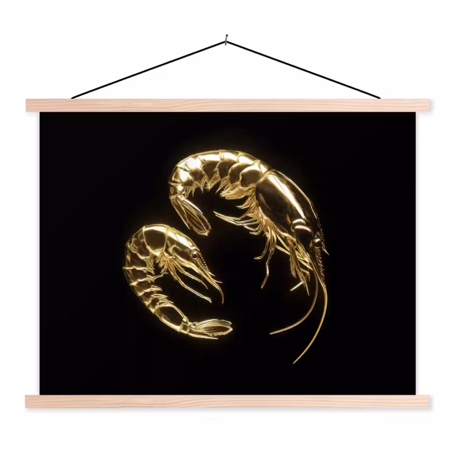 Garnalen - Zwart - Goud - Dieren textielposter latten blank klein -3d