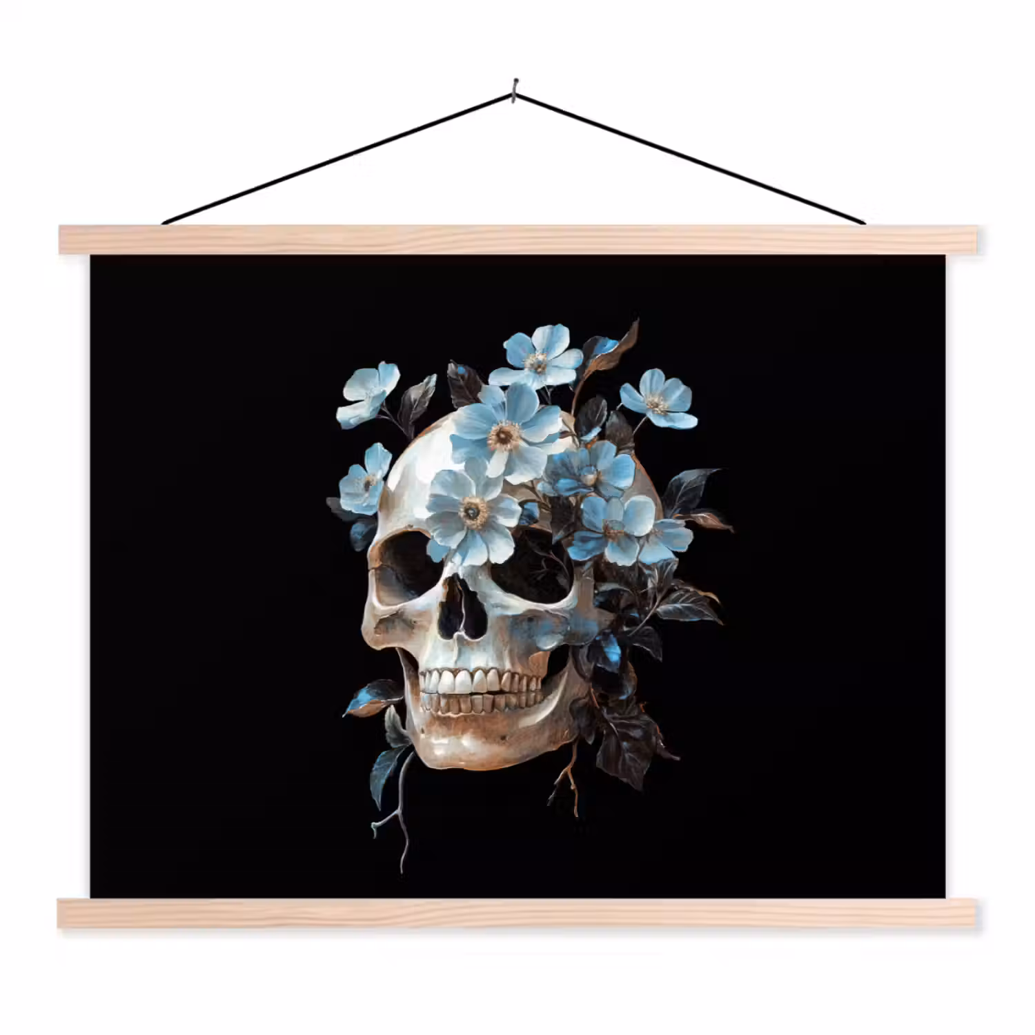 Schedel - Blauw - Bloemen - Bladeren textielposter latten blank klein -3d
