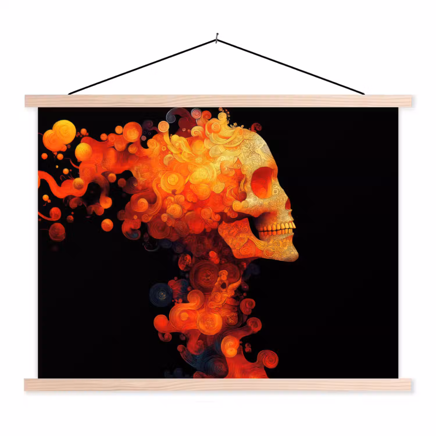 Schedel - Oranje - Zijaanzicht - Vlammen textielposter latten blank klein -3d