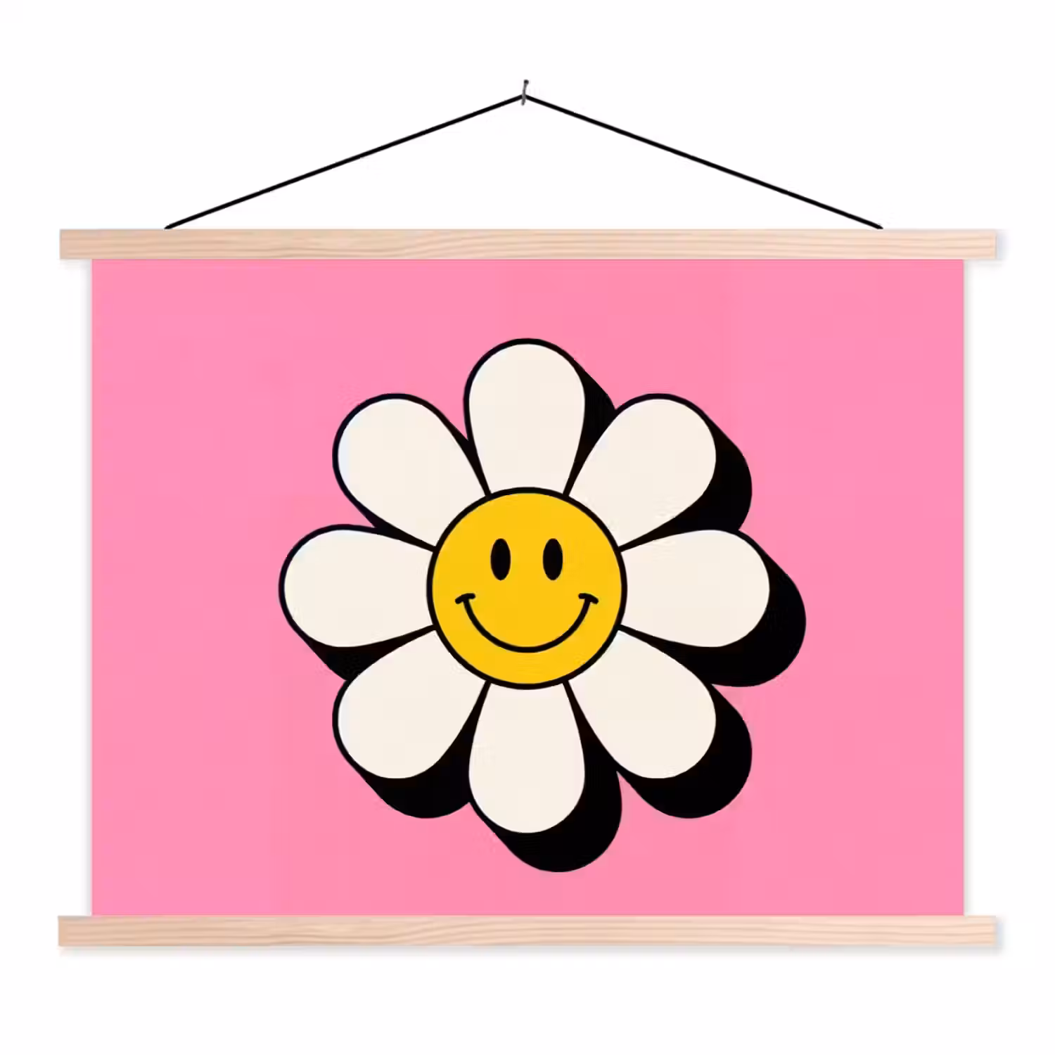 Smiley - Bloem - Roze textielposter latten blank klein -3d