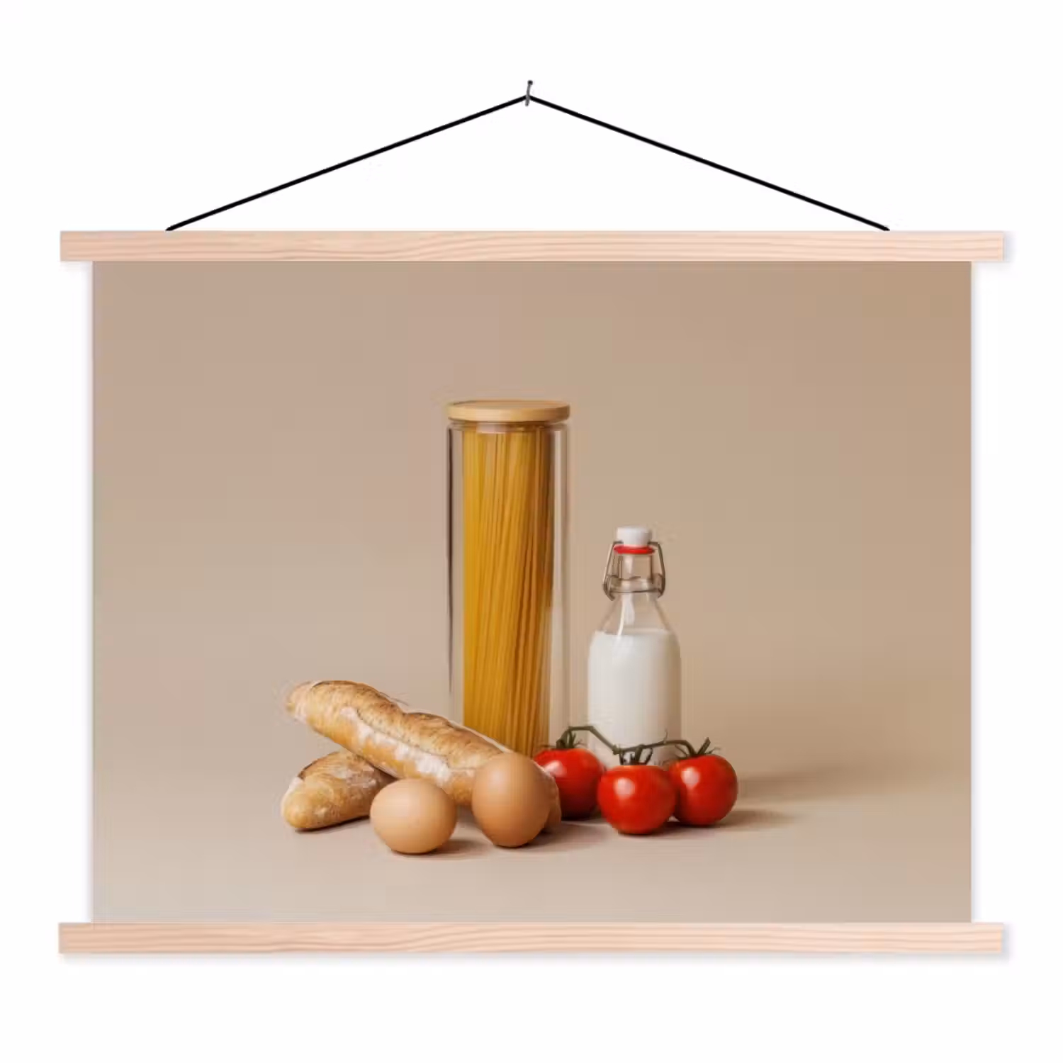 Spaghetti - Melk - Tomaten - Eieren - Brood textielposter latten blank klein -3d