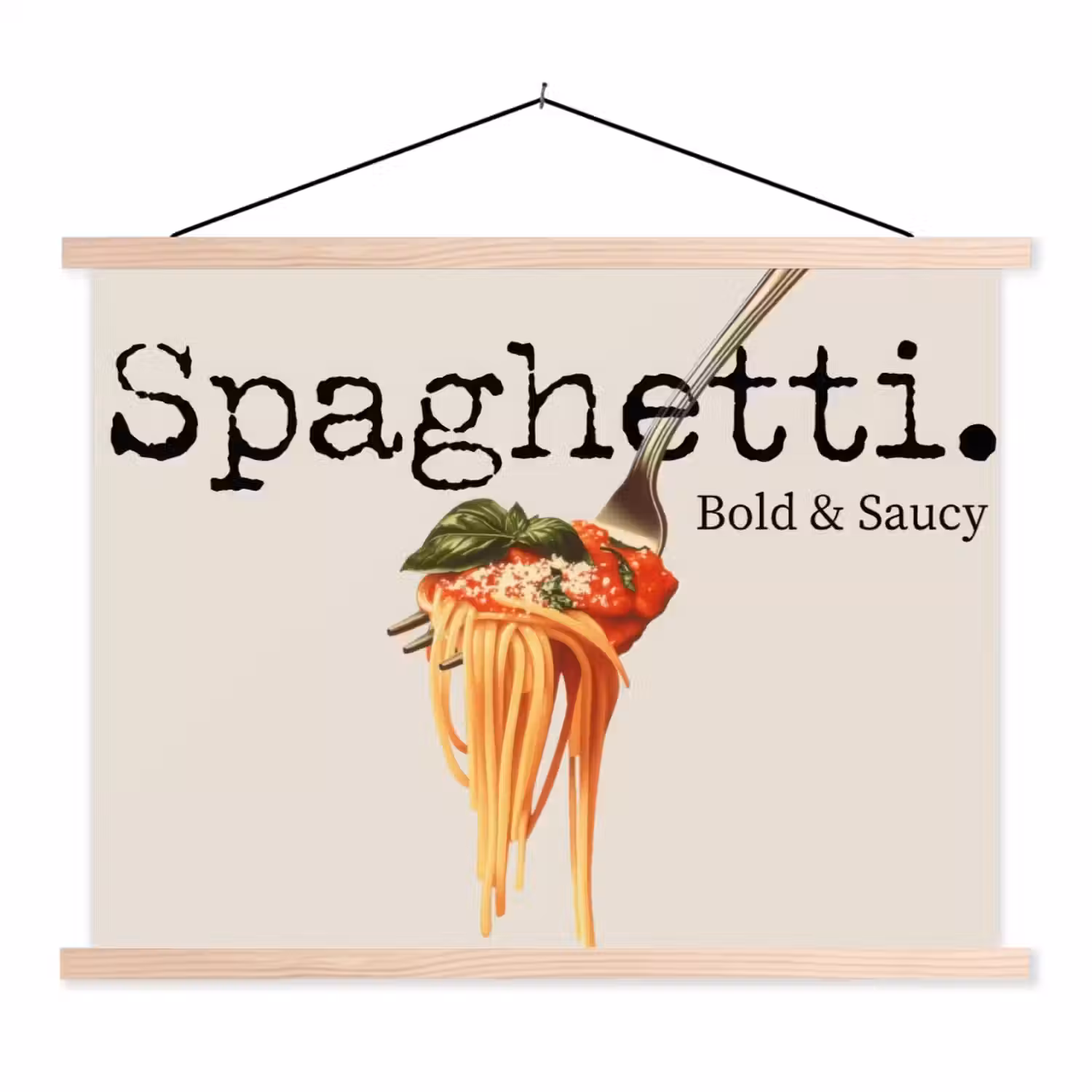 Spaghetti - tomatensaus - Parmezaanse kaas textielposter latten blank klein -3d