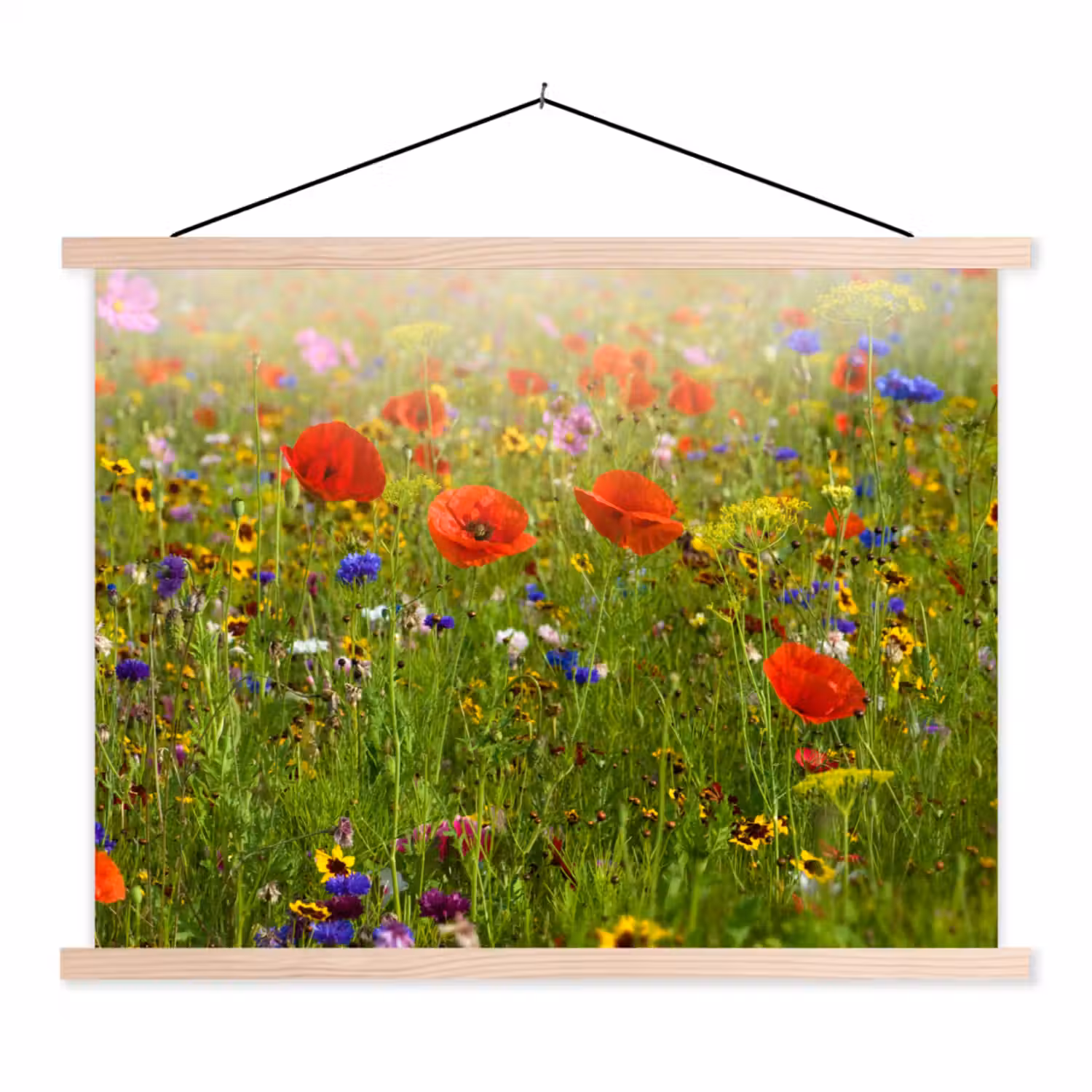 Lente - Bloemen - Rood - Klaproos - Gras - Groen textielposter latten blank klein -3d
