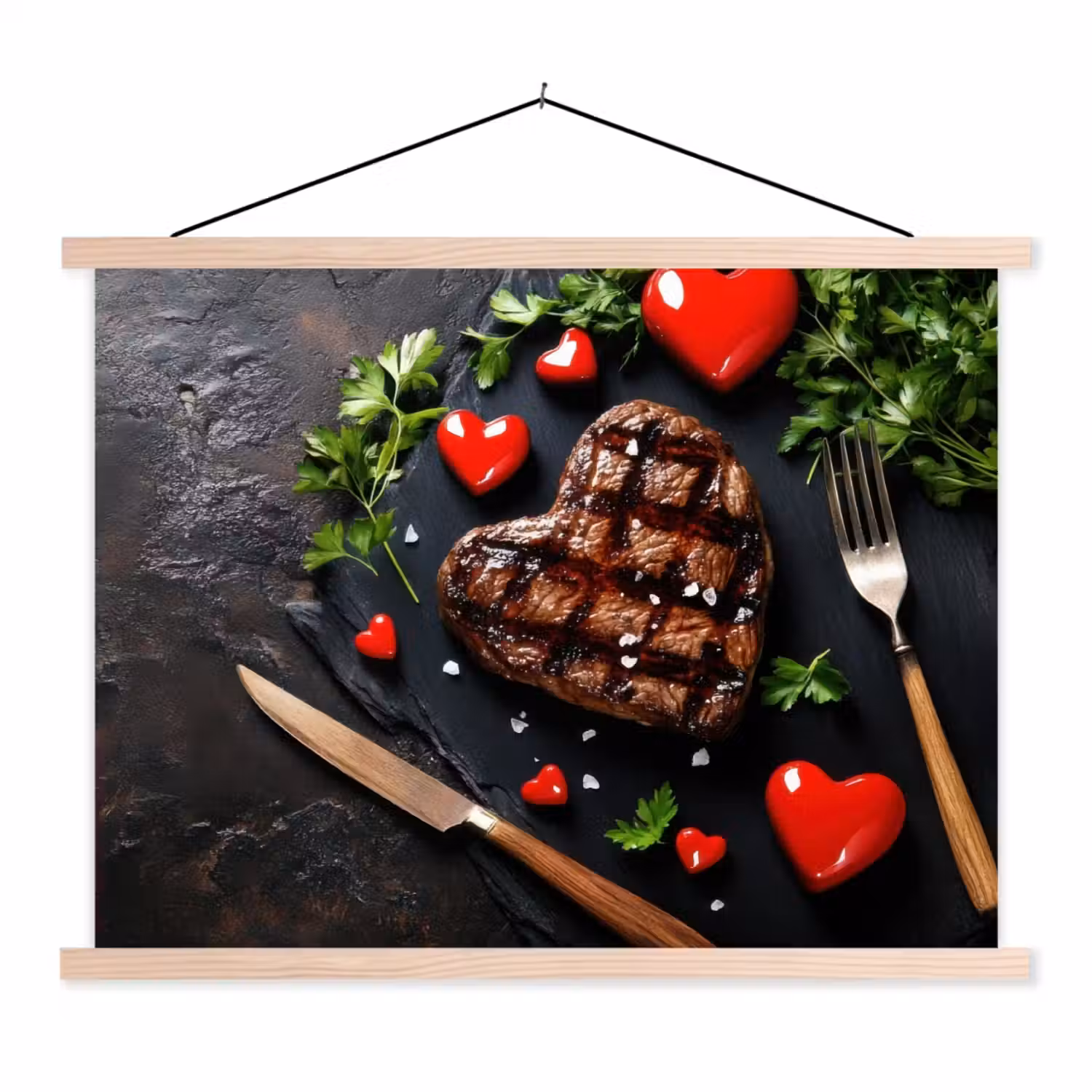 Steak - Hart - Bestek textielposter latten blank klein -3d