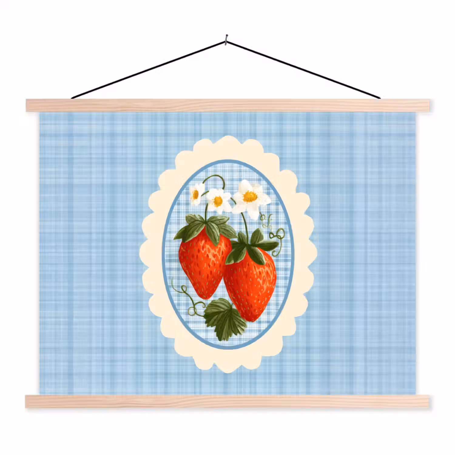 Aardbeien - Lijst - Rood - Geruit textielposter latten blank klein -3d