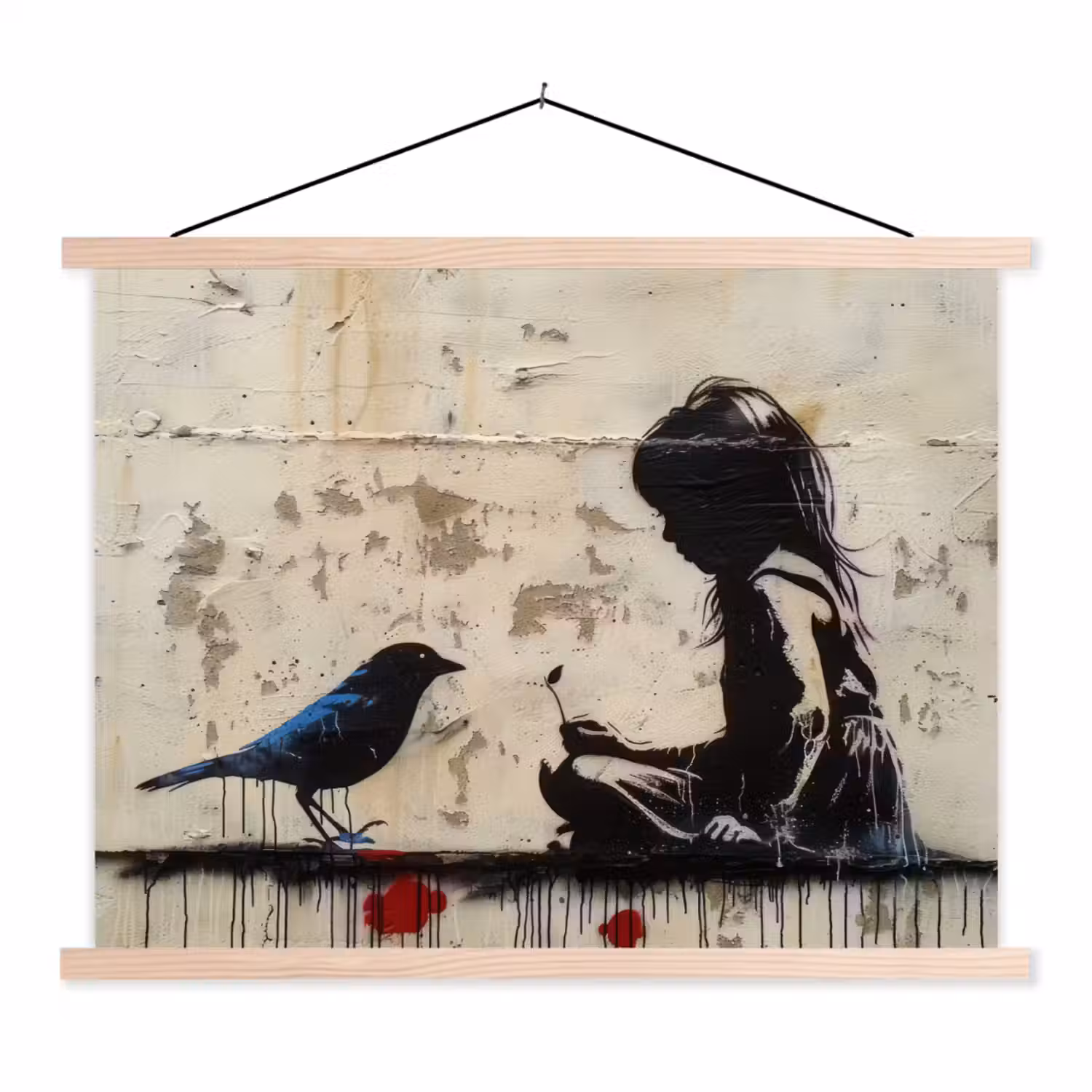 Street art - Meisje - Vogel - Graffiti - Banksy textielposter latten blank klein -3d
