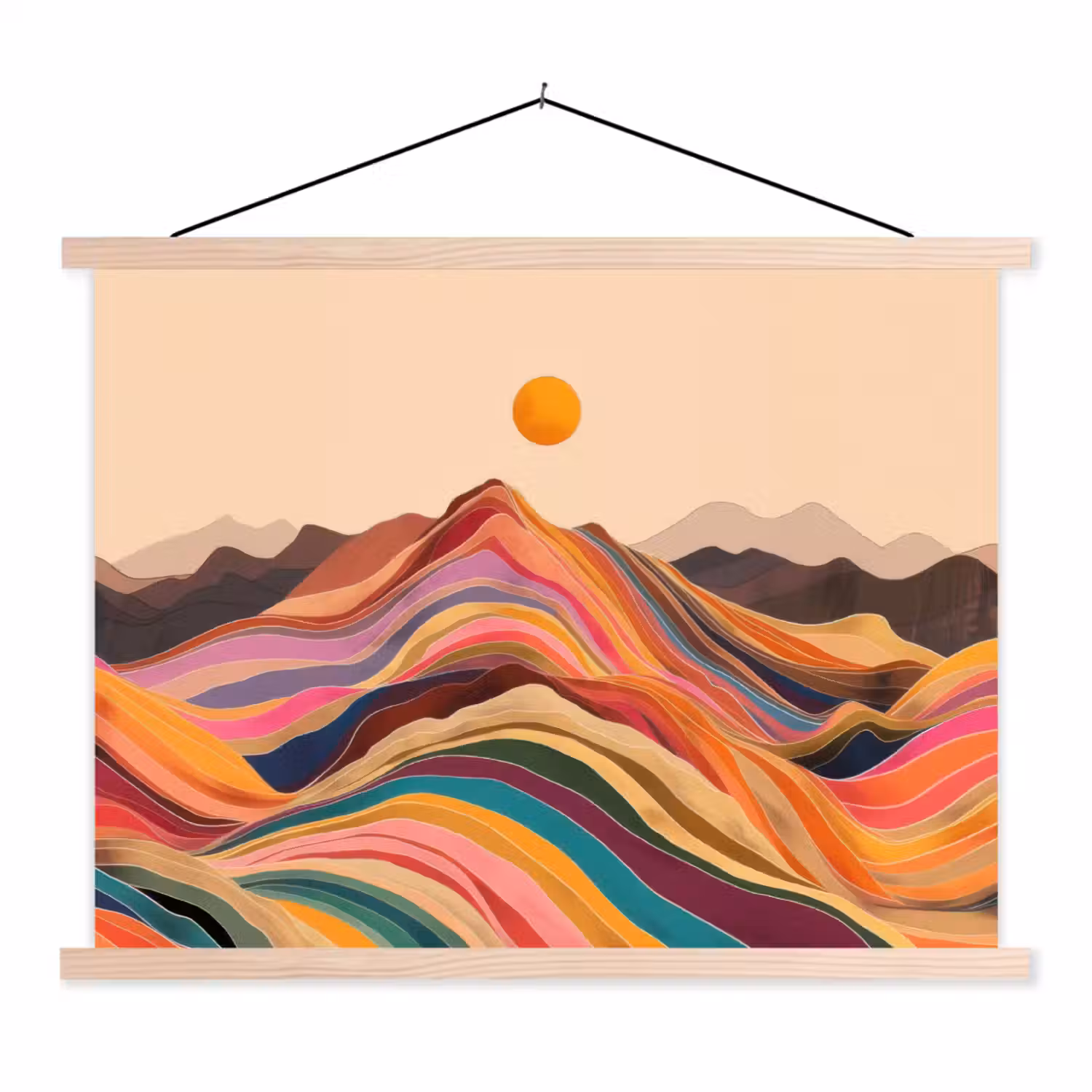 Zon - Kleurrijk landschap - Bergen textielposter latten blank klein -3d