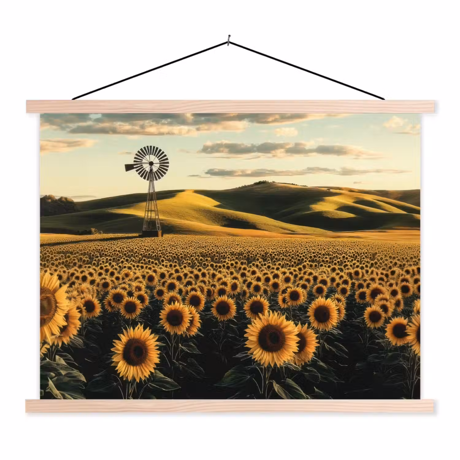 Zonnebloem - Veld - Windmolen textielposter latten blank klein -3d