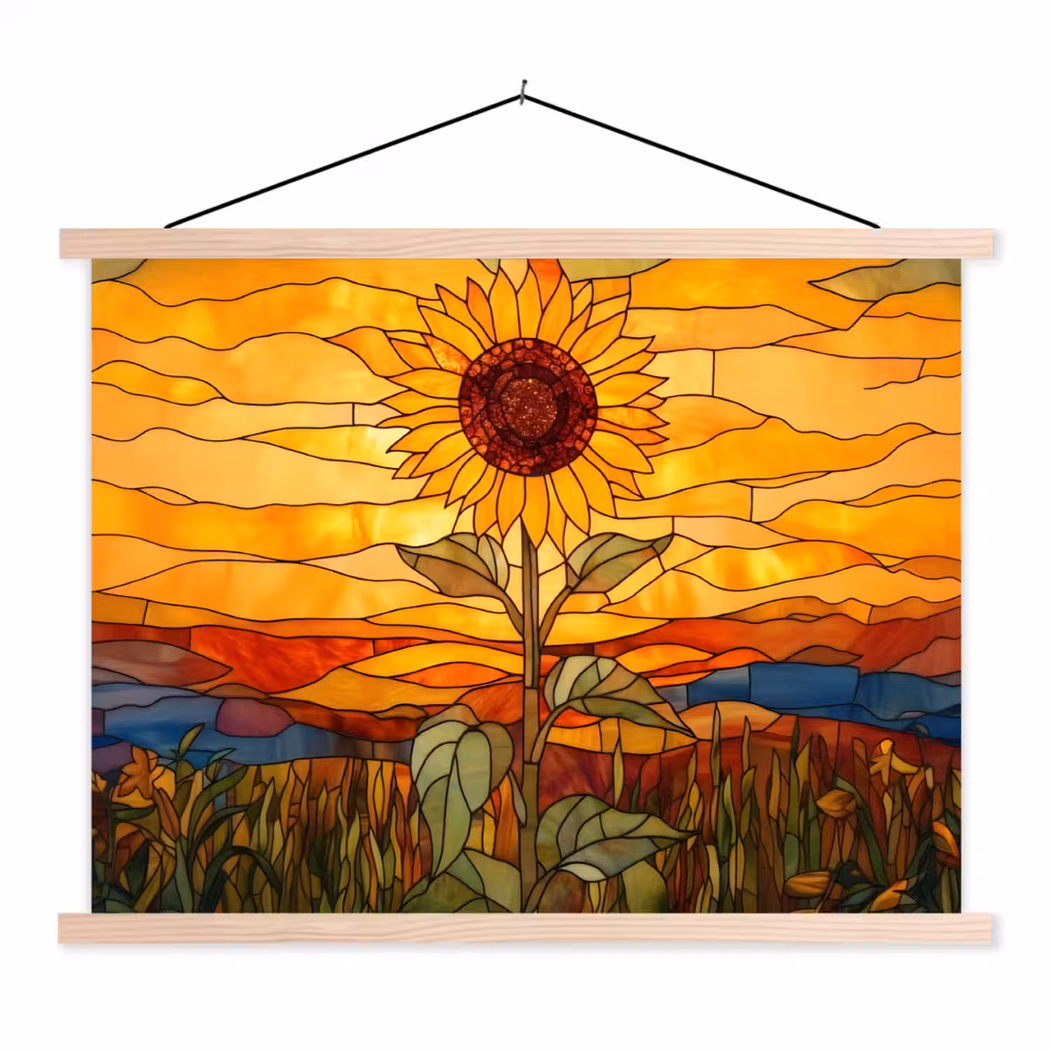 Zonnebloem - Mozaïek - Zonsondergang - Geel textielposter latten blank klein -3d