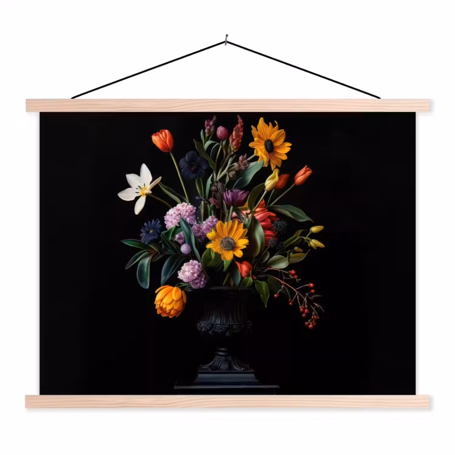 Zonnebloemen - Boeket - Kleurrijk textielposter latten blank klein -3d