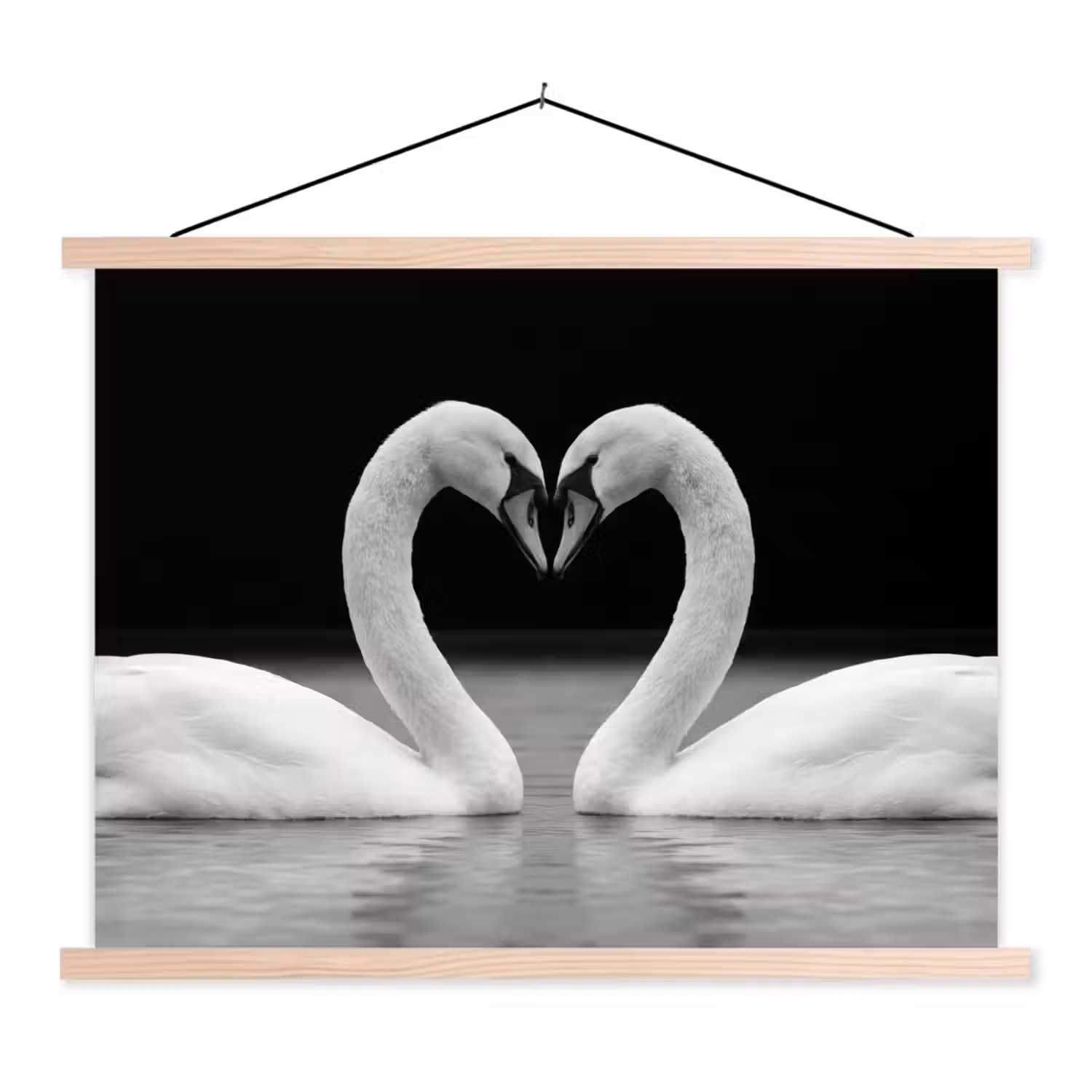 Zwanen - Hart - Zwart - Wit textielposter latten blank klein -3d