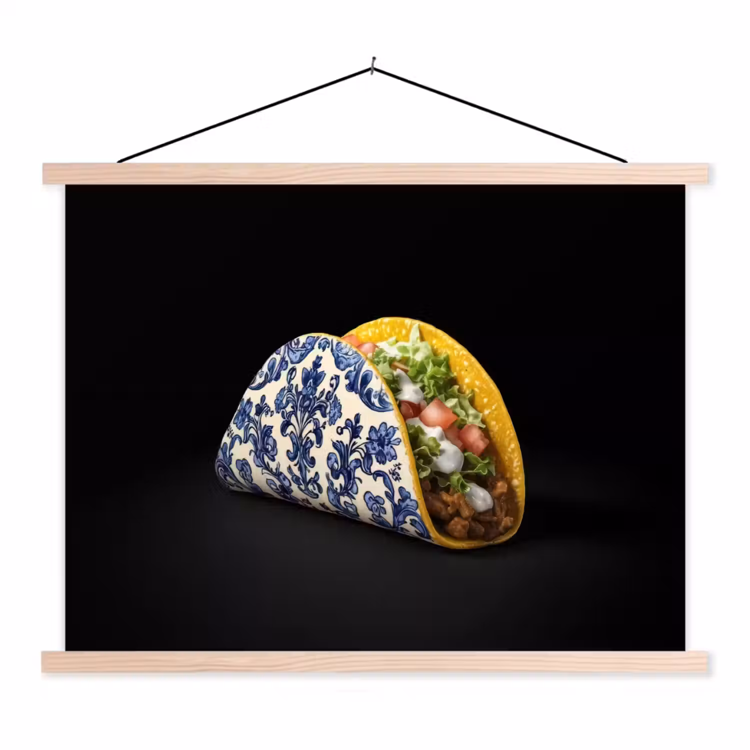 Taco - Vlees - Salade - Delftsblauw - Motief textielposter latten blank klein -3d