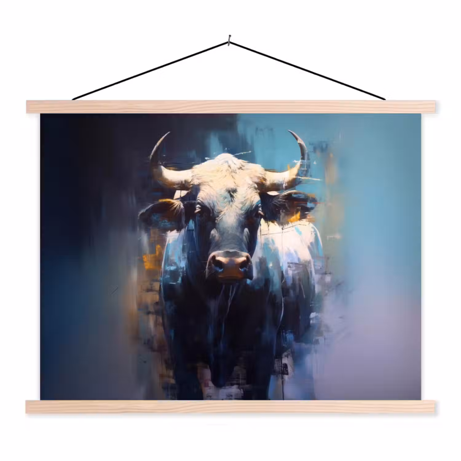 Stier - Zwart - Abstract - Horens textielposter latten blank klein -3d