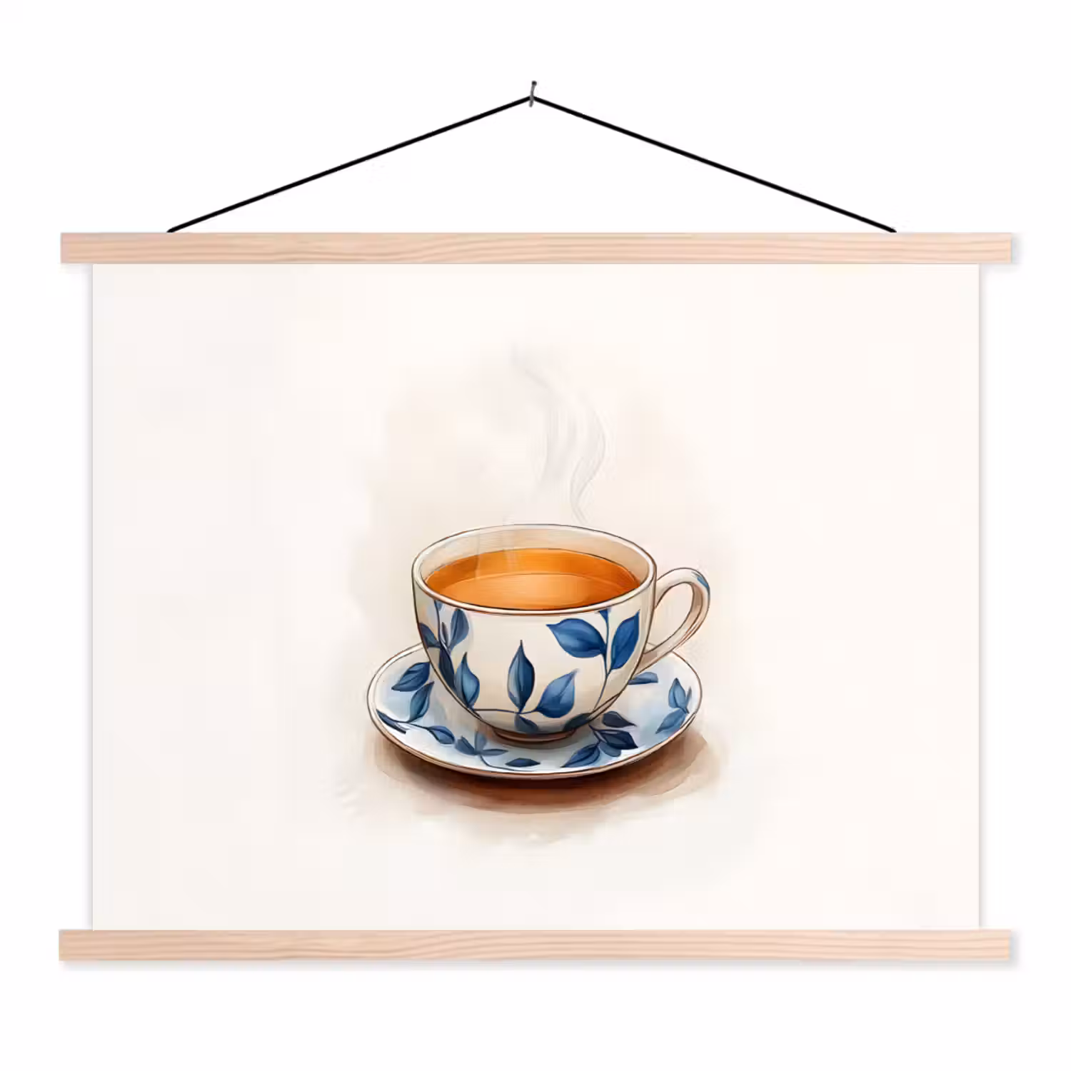 Theekop - Bladeren - Blauw textielposter latten blank klein -3d