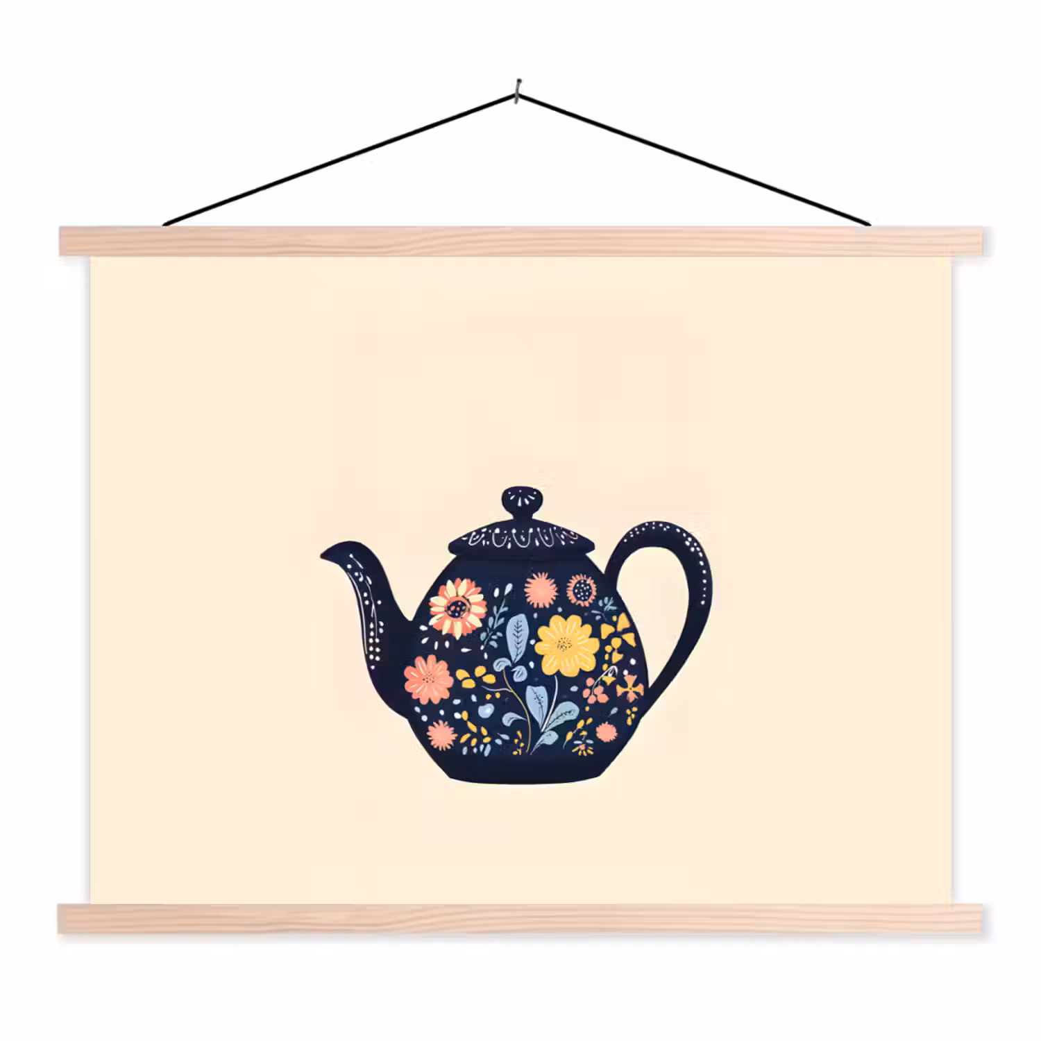 Theepot - Kleurrijk - Bloemen textielposter latten blank klein -3d