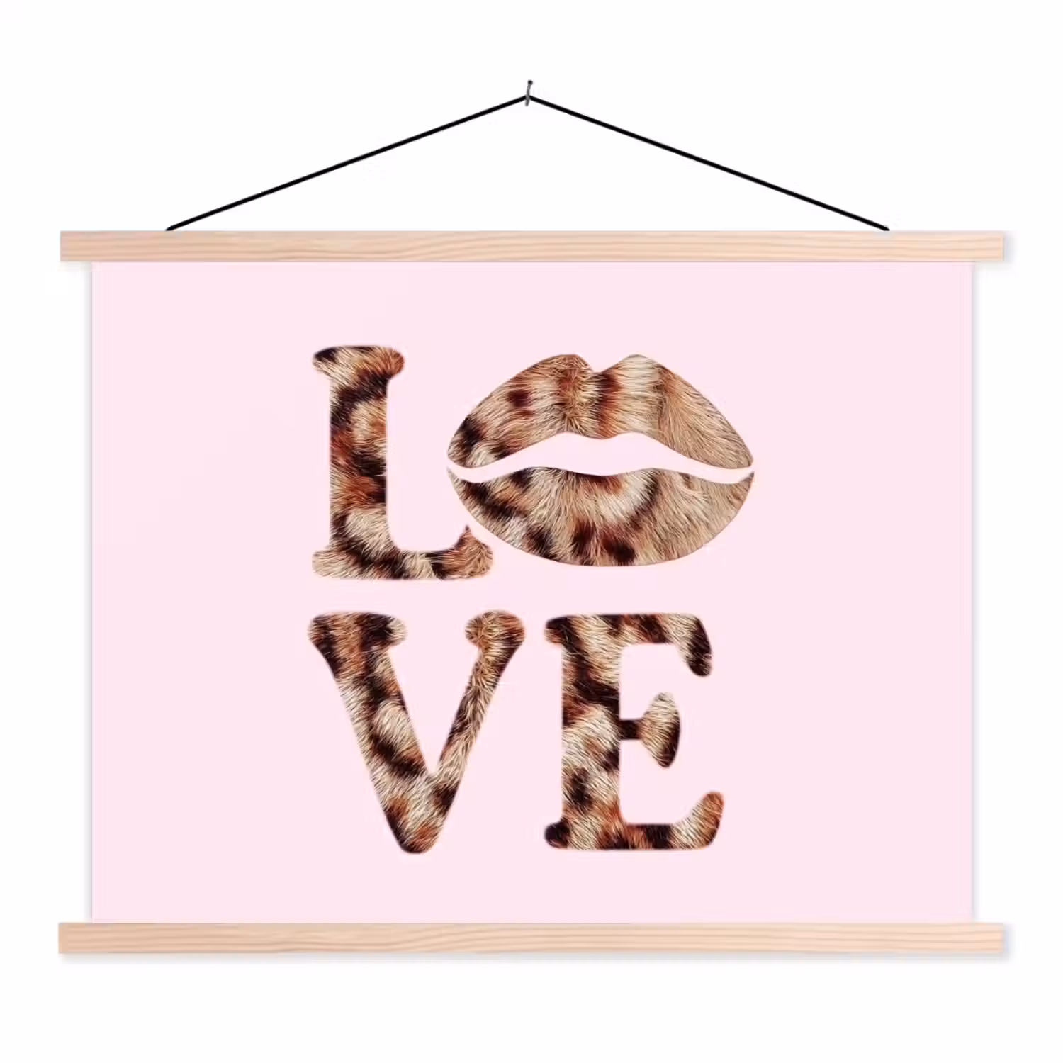 Tekst - Love - Pantervacht - Lichtroze textielposter latten blank klein -3d