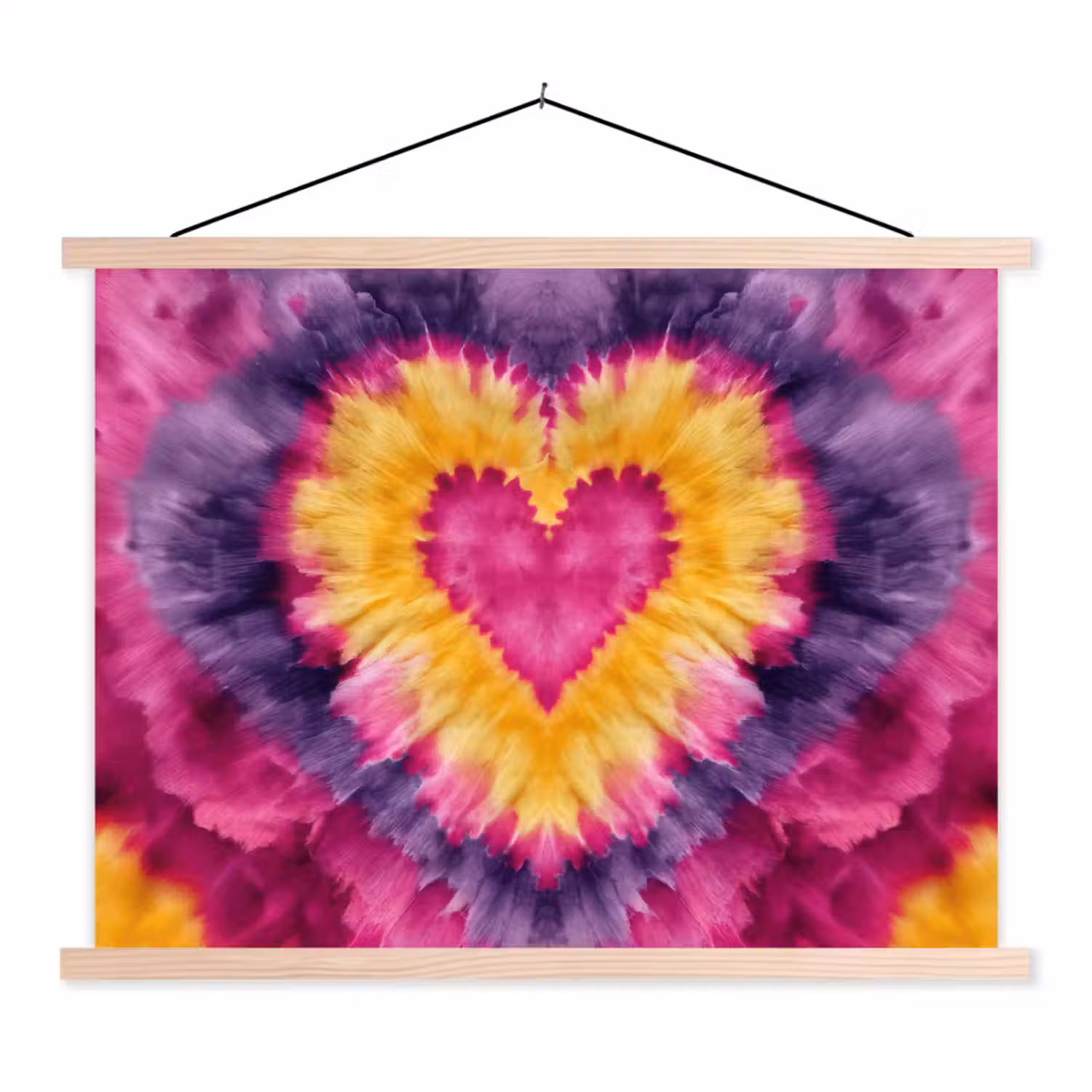 Tie dye - Hartvorm - Vlammen - Oranje textielposter latten blank klein -3d
