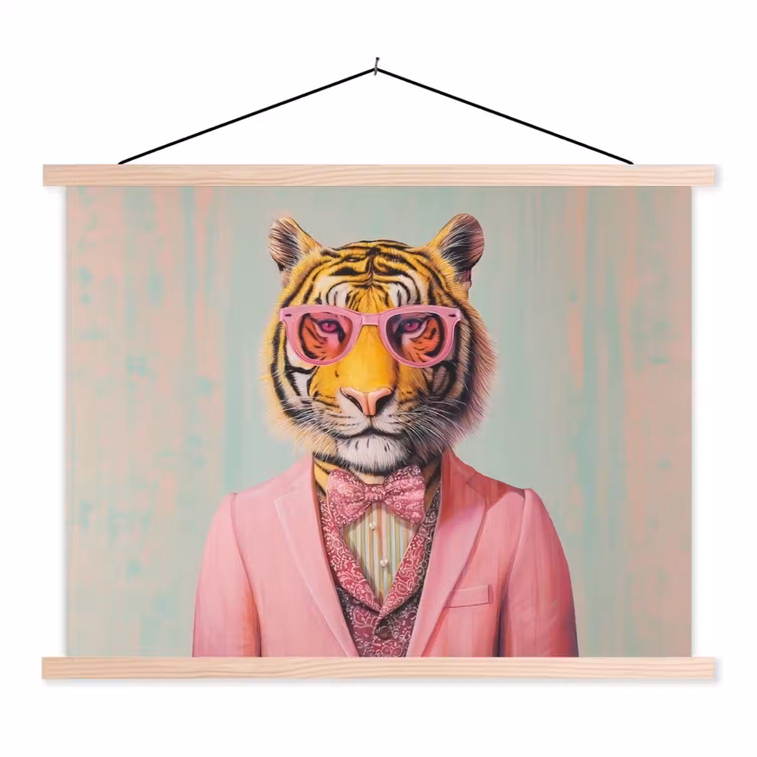 Tijger - Strik - Jasje - Roze textielposter latten blank klein -3d