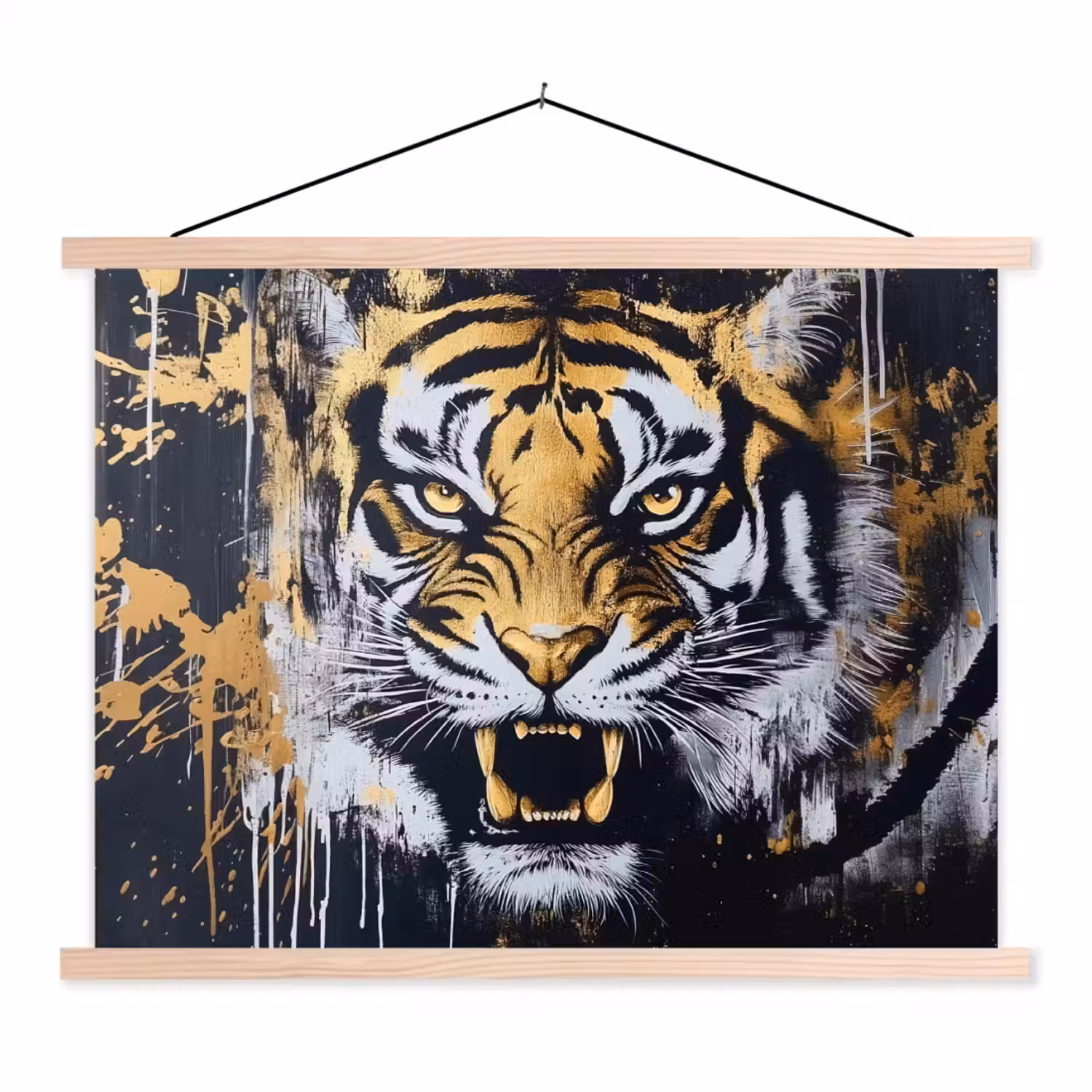 Tijger - Verfspatten - Goud textielposter latten blank klein -3d
