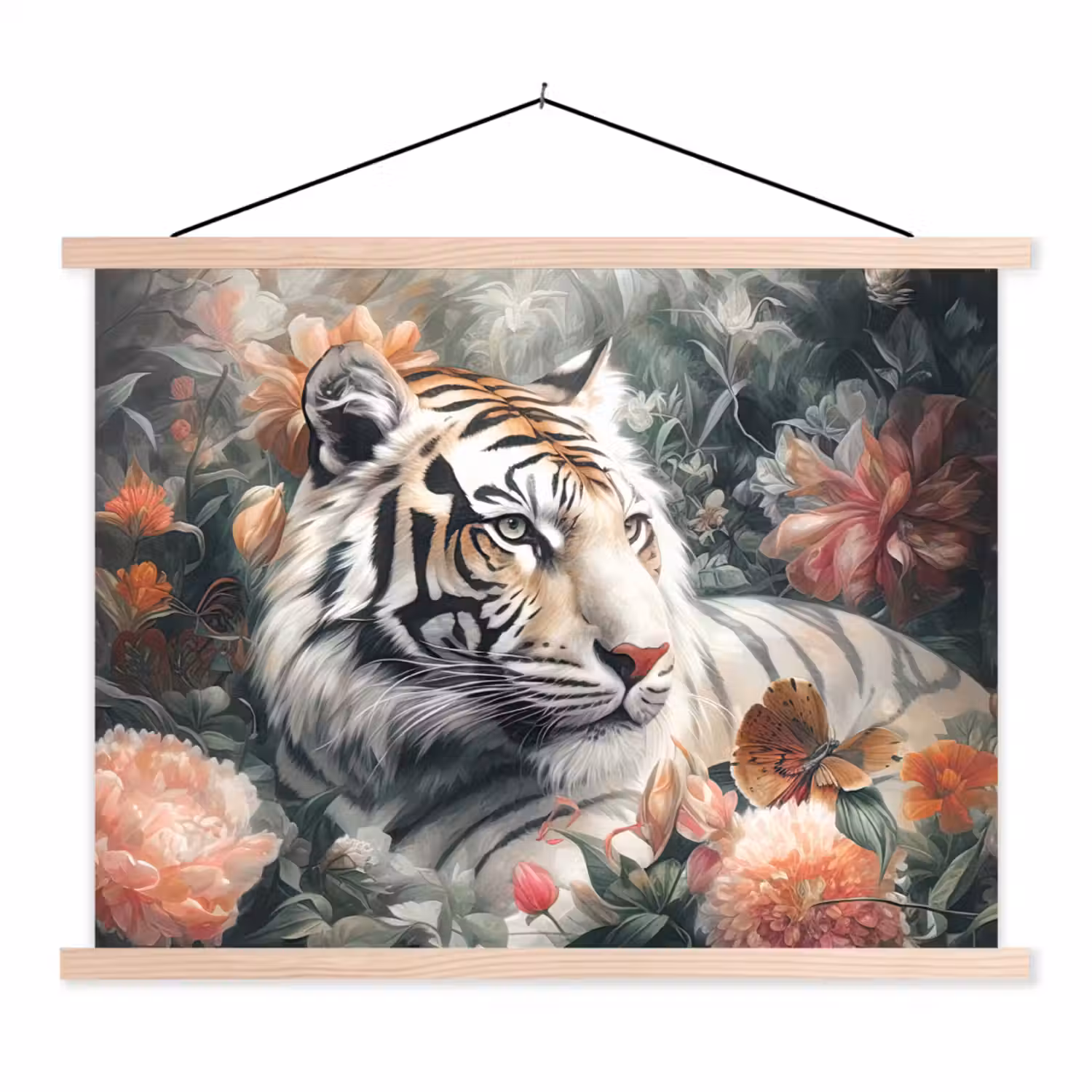 Tijger - Wilde dieren - Bloemen - Jungle textielposter latten blank klein -3d