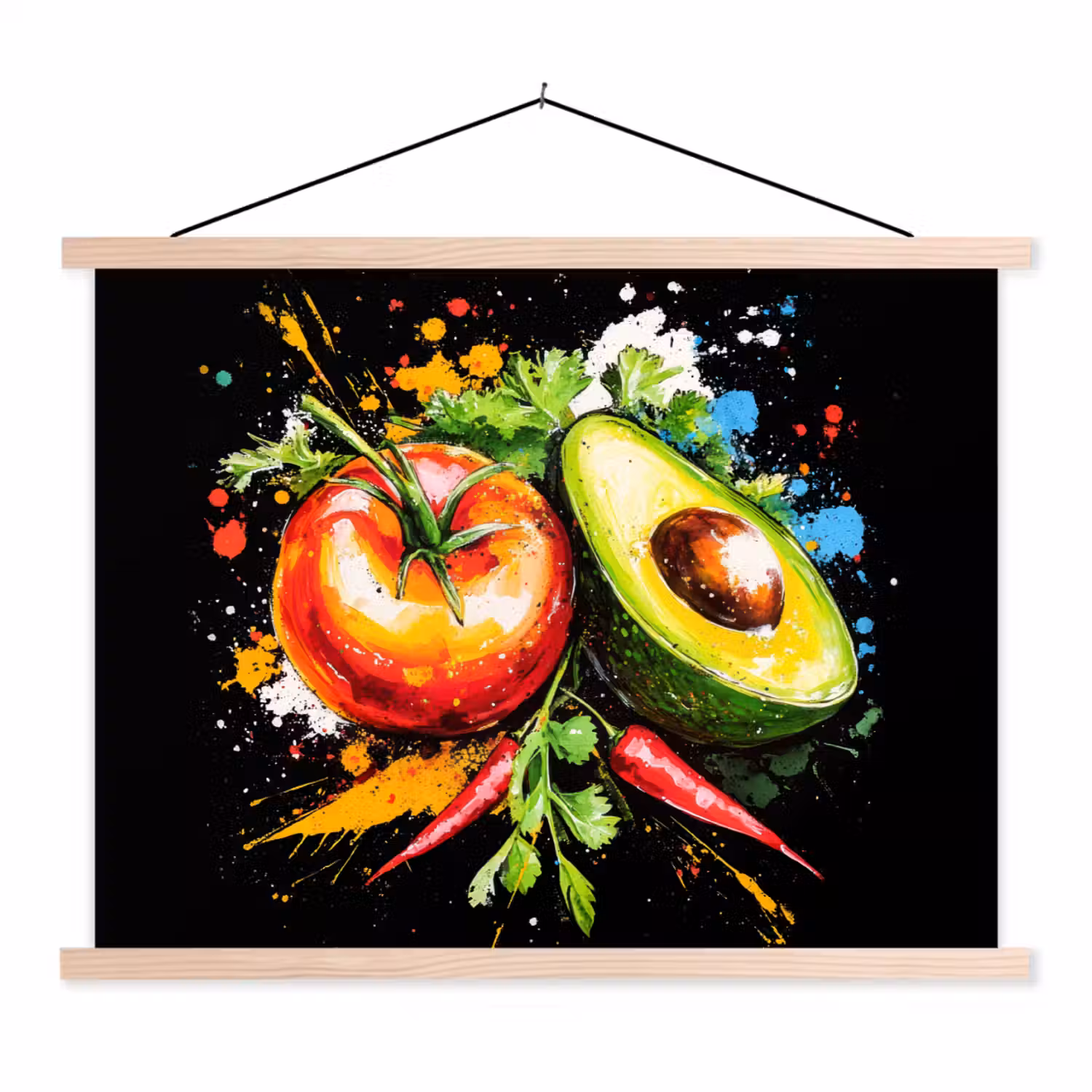 Tomaat - Avocado - Peper - Graffiti - Verf - Modern textielposter latten blank klein -3d