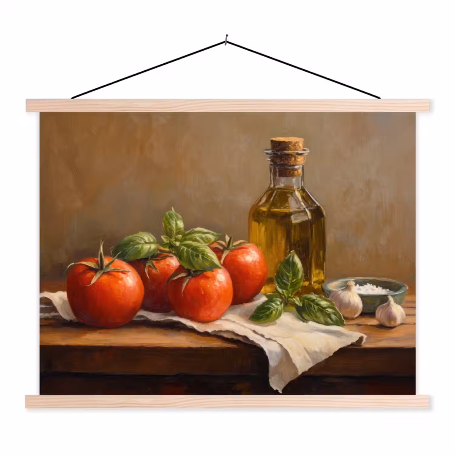 Tomaten - Olijfolie - Stilleven textielposter latten blank klein -3d