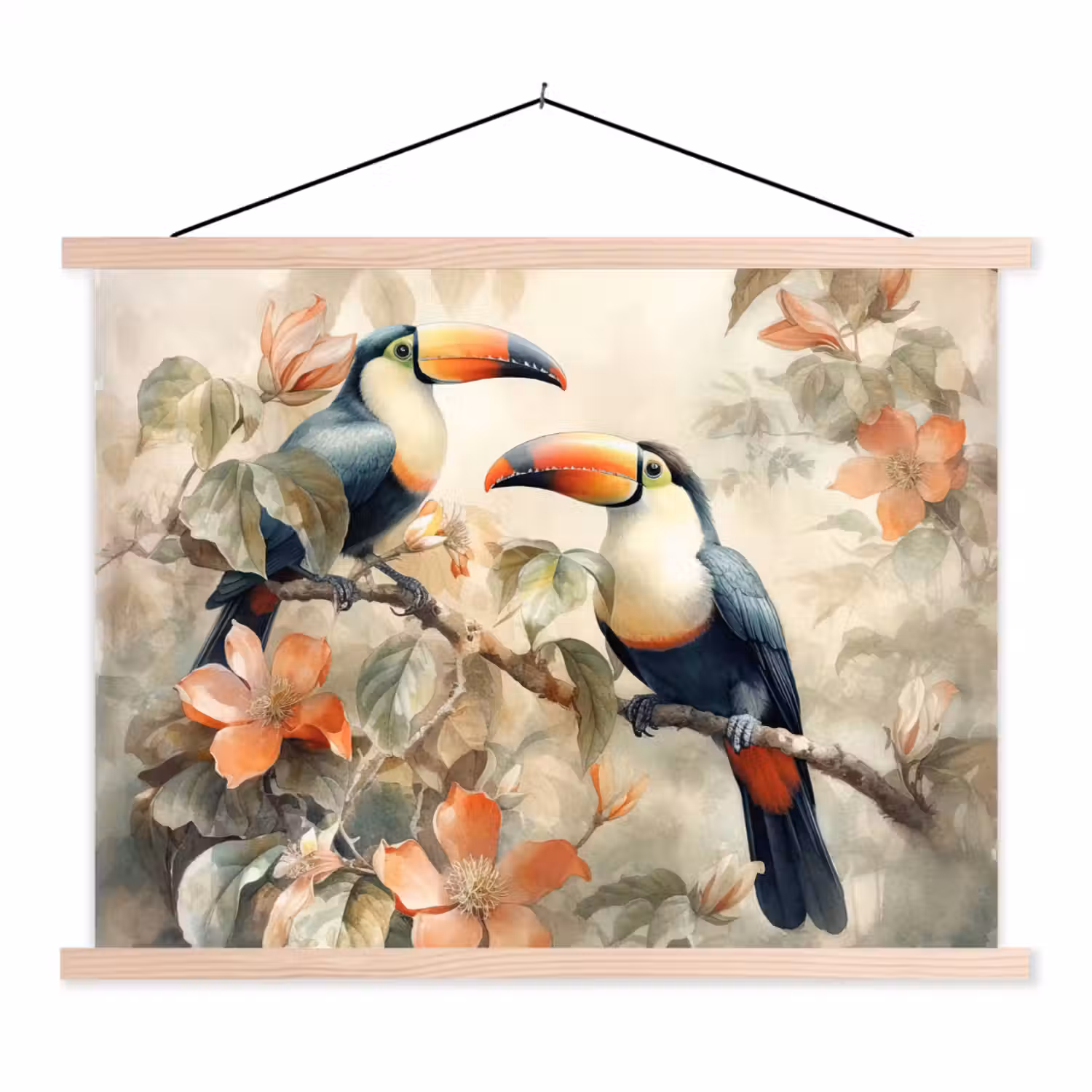 Toekan - Vogels - Bloemen - Tak textielposter latten blank klein -3d