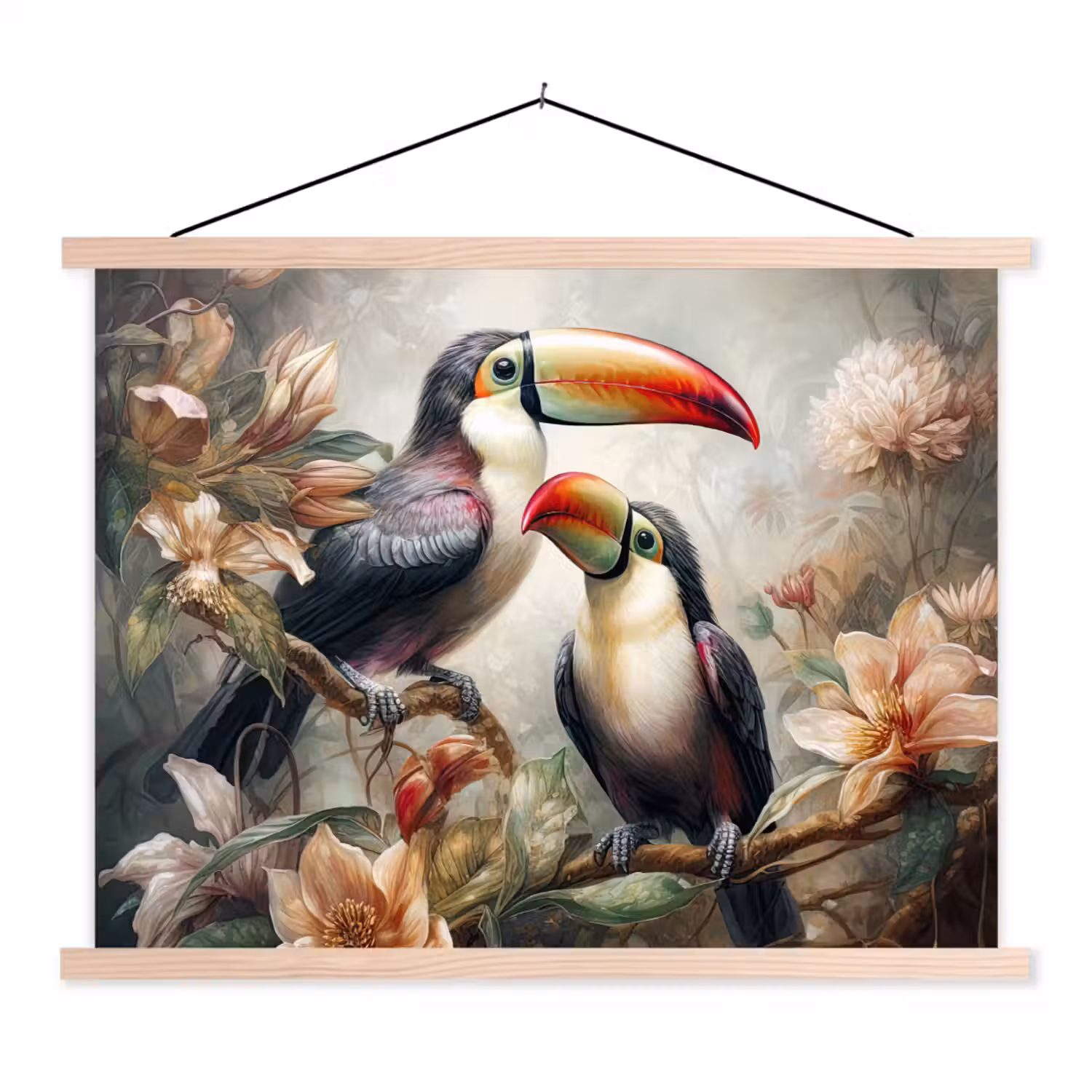 Toekan - Vogels - Bloemen - Jungle textielposter latten blank klein -3d