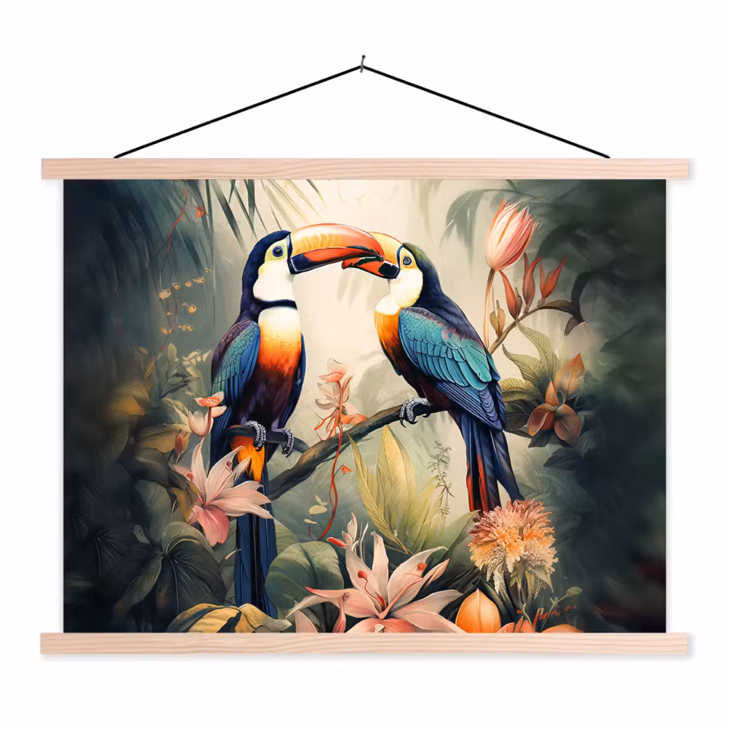 Toekan - Vogels - Bloemen - Natuur - Jungle textielposter latten blank klein -3d