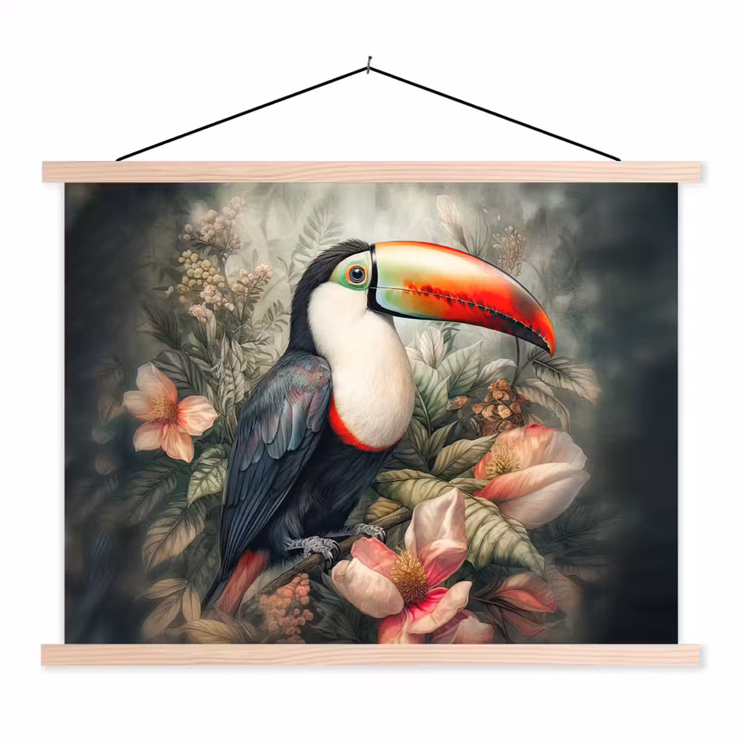 Toekan - Vogels - Bloemen - Planten - Tropisch textielposter latten blank klein -3d