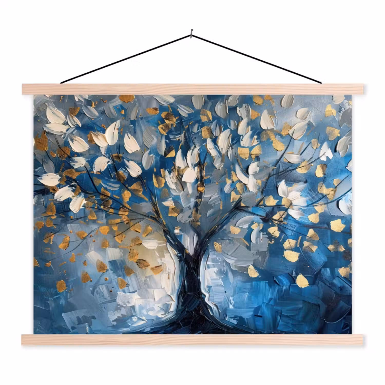 Boom - Blauw - Goud - Abstract textielposter latten blank klein -3d