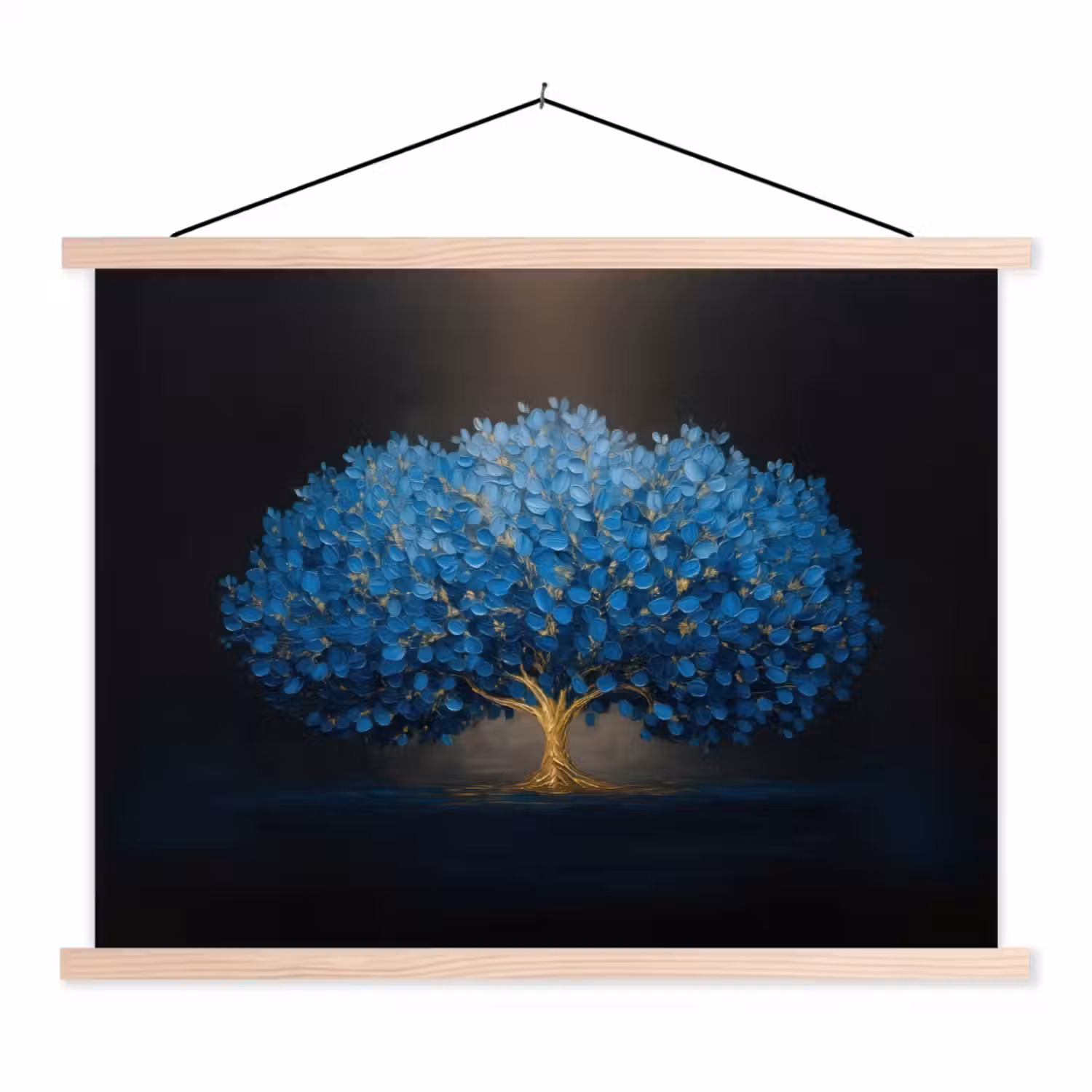 Boom - Blauw - Bladeren - Penseelstreken textielposter latten blank klein -3d