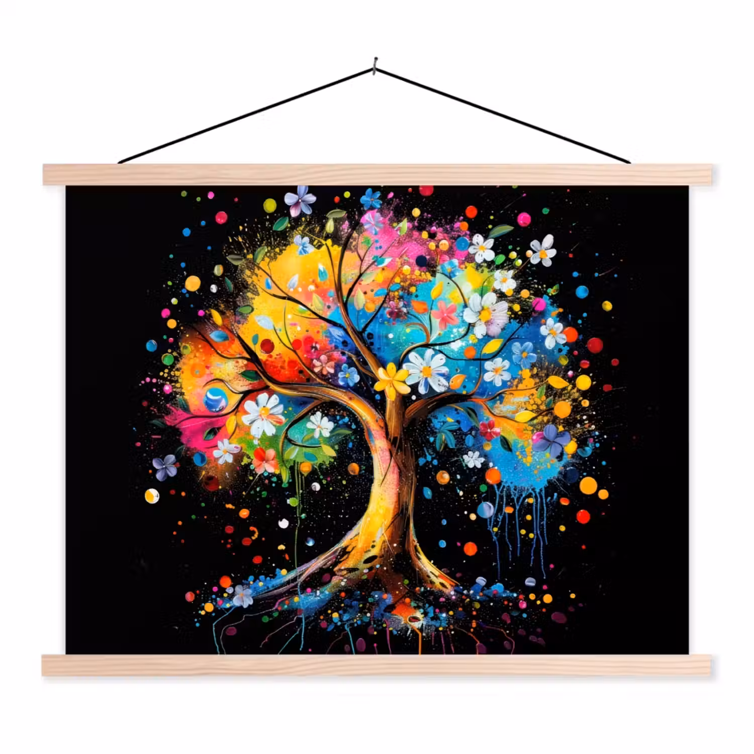 Boom - Kleurrijk - Bloemen - Zwart textielposter latten blank klein -3d