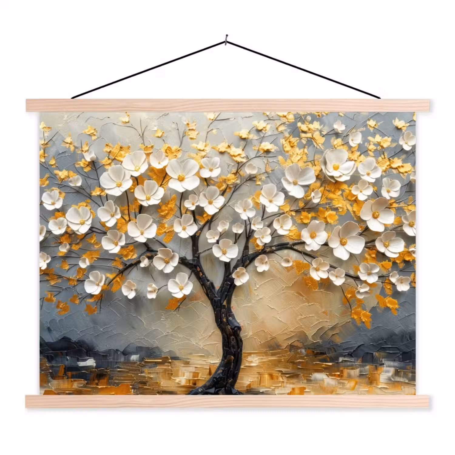 Boom - Bloemen - Goud - Beige textielposter latten blank klein -3d