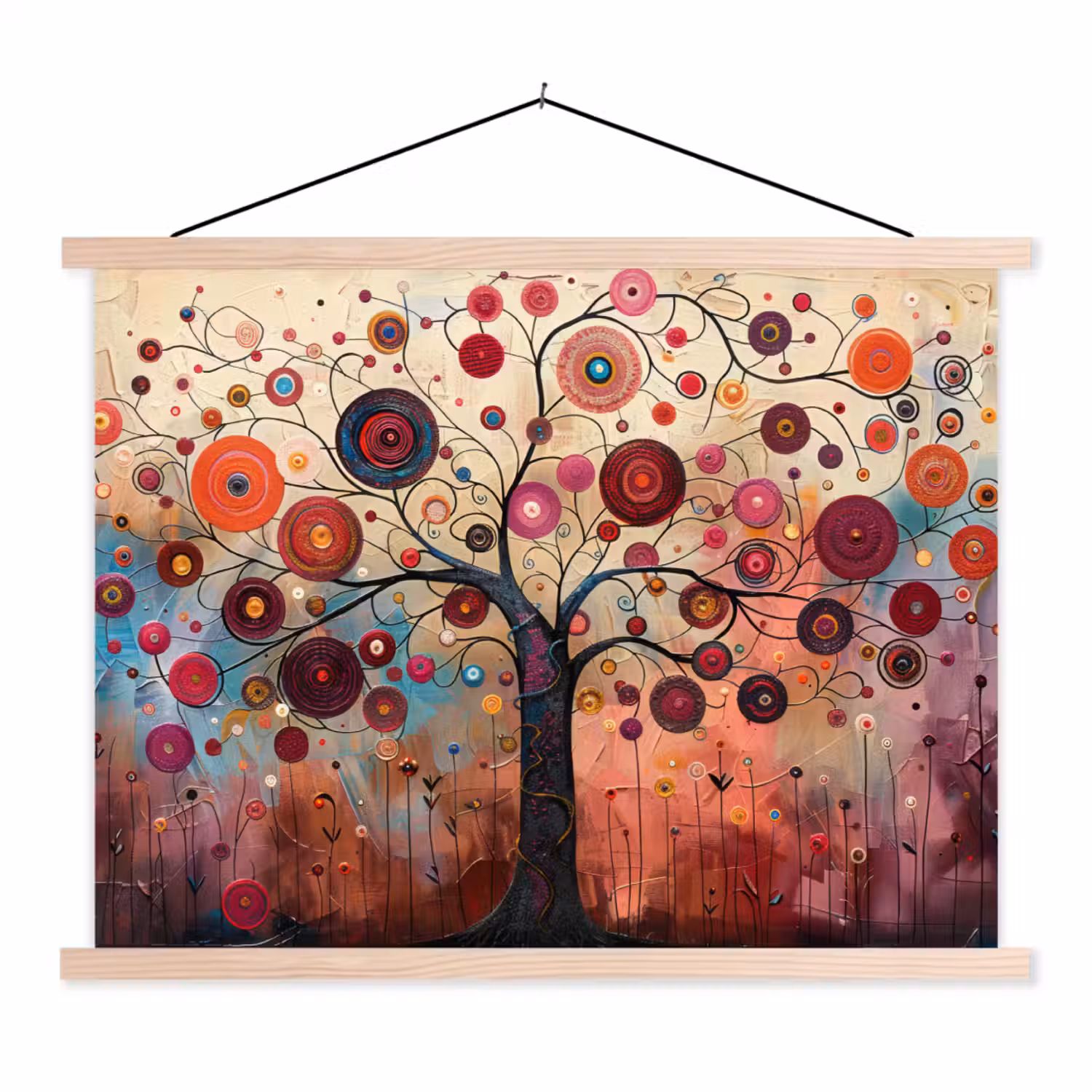 Levensboom - Bloemen - Roze - Hippie - Kunst textielposter latten blank klein -3d